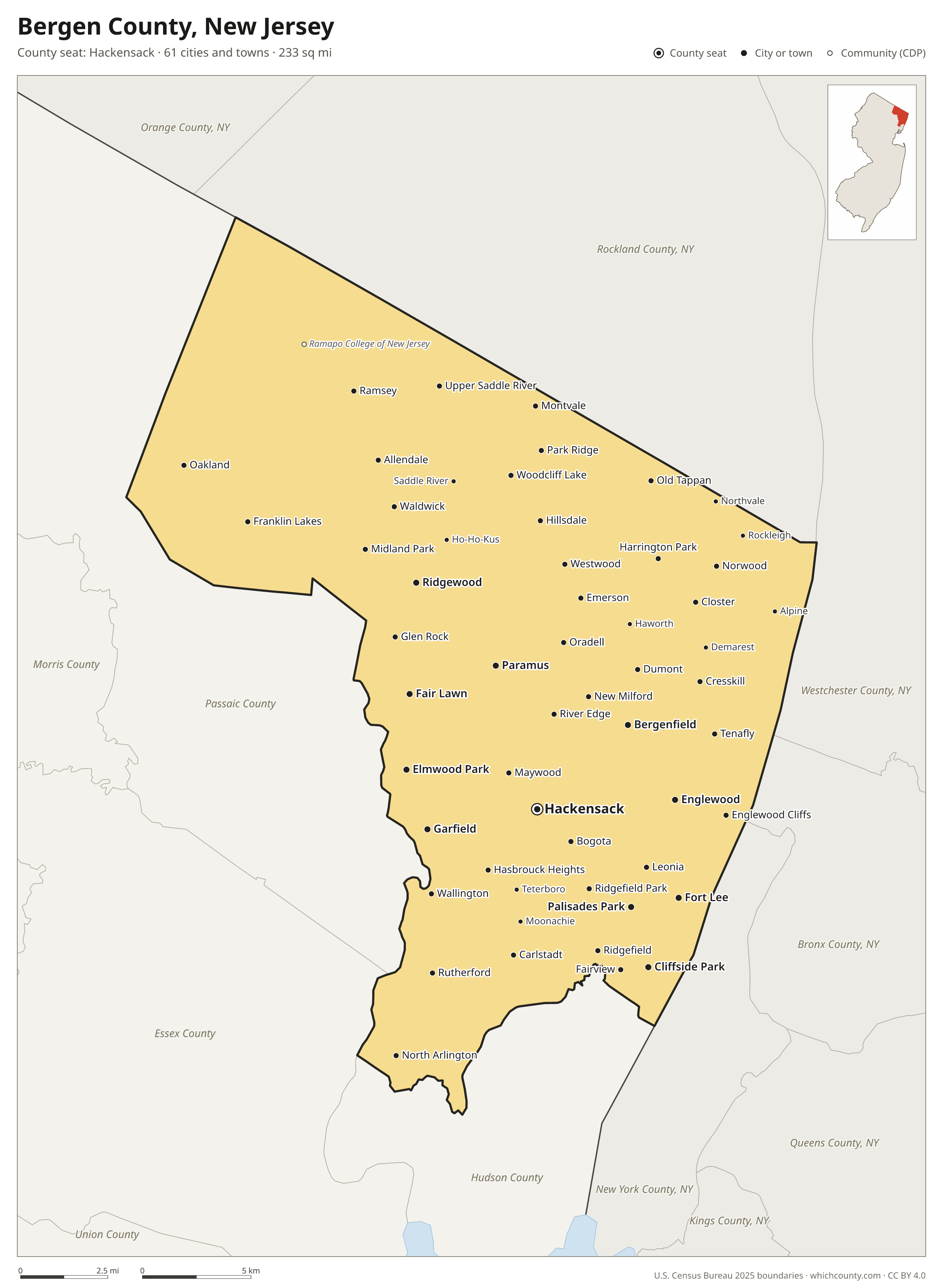 Map of Bergen County, New Jersey with cities, towns and the county boundary