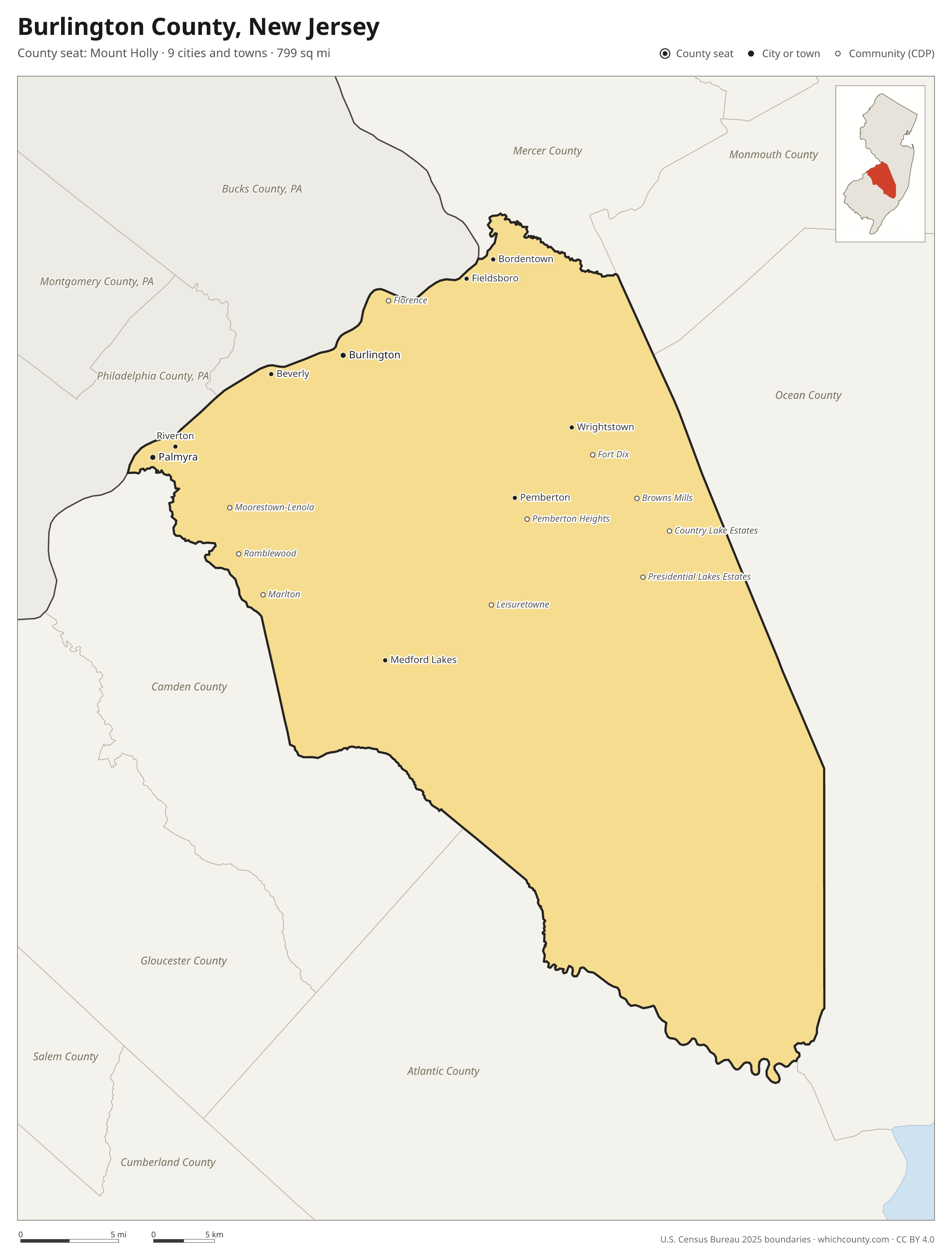 Map of Burlington County, New Jersey with cities, towns and the county boundary