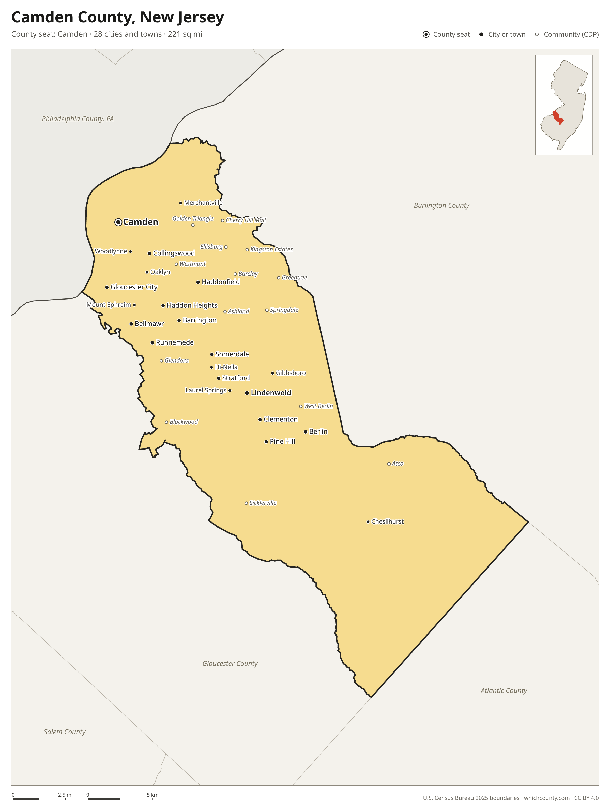 Map of Camden County, New Jersey with cities, towns and the county boundary