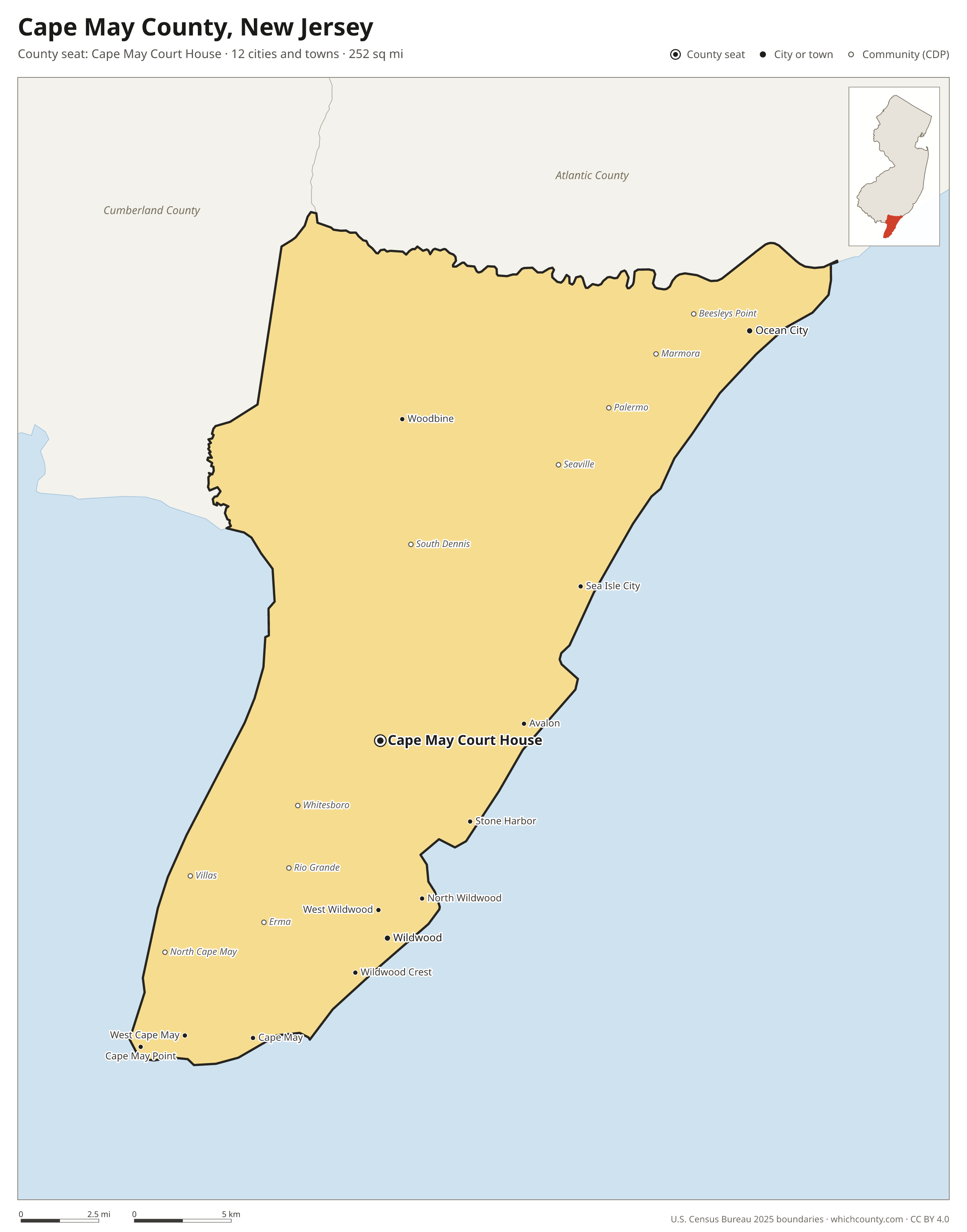 Map of Cape May County, New Jersey with cities, towns and the county boundary