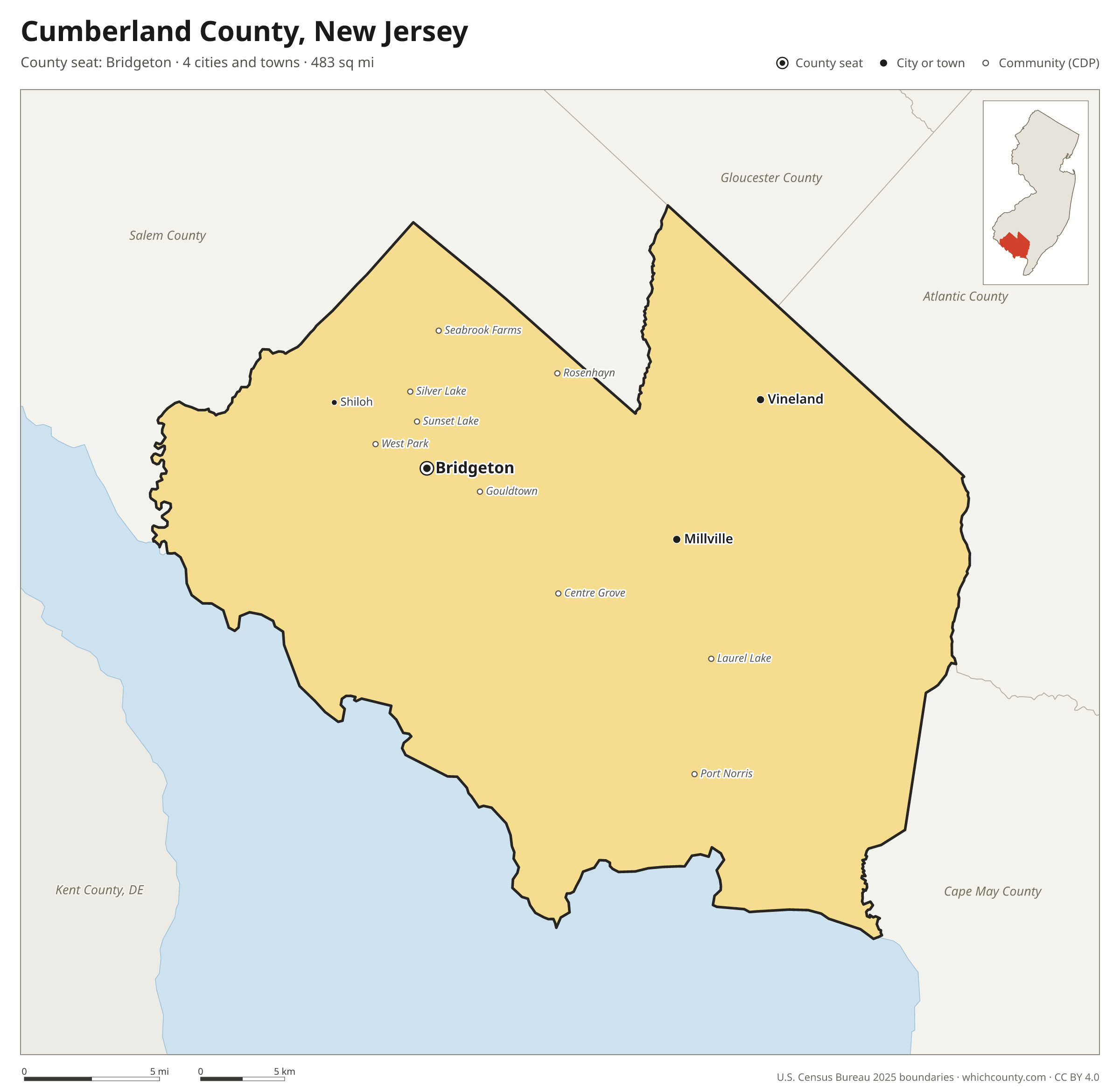 Map of Cumberland County, New Jersey with cities, towns and the county boundary