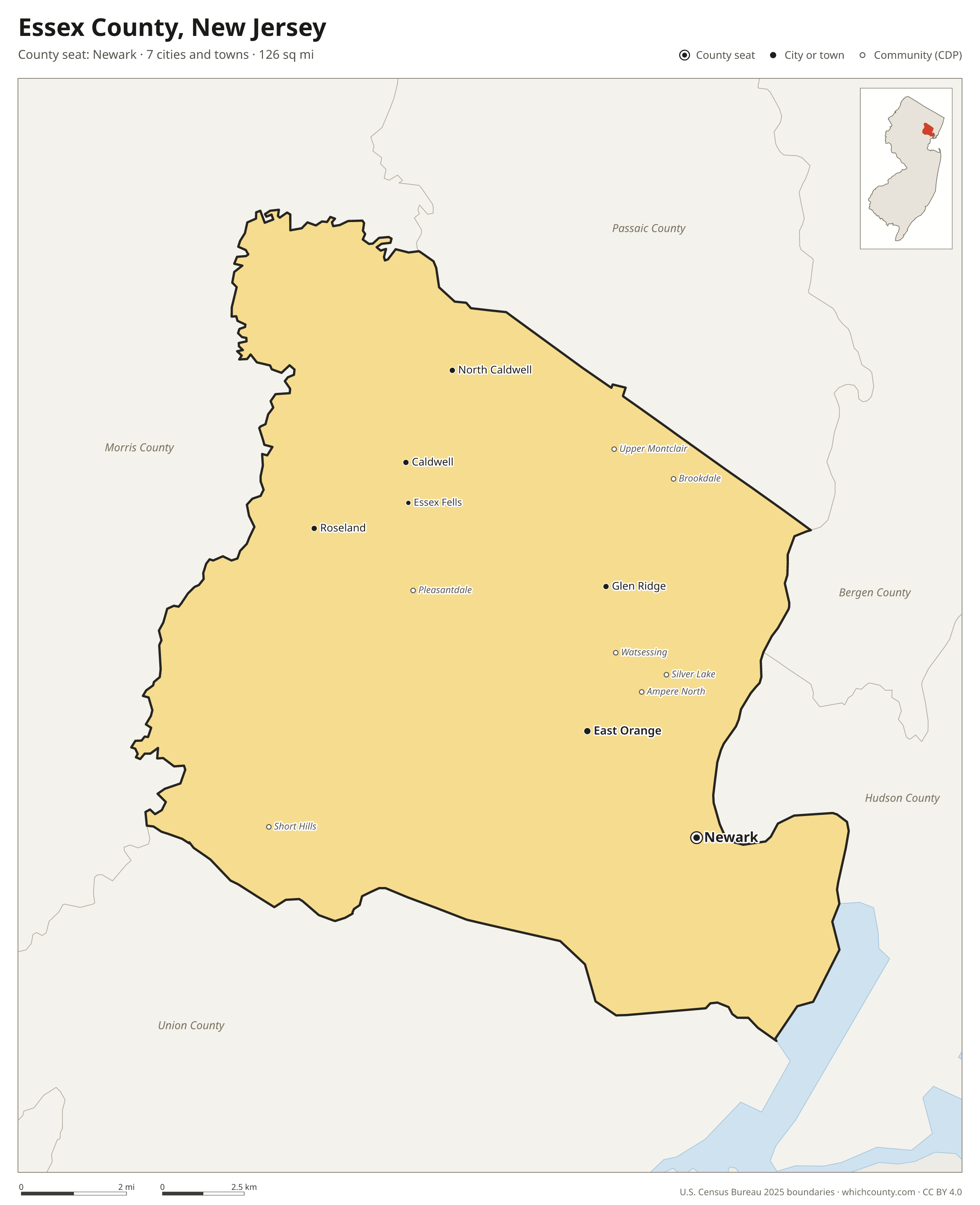 Map of Essex County, New Jersey with cities, towns and the county boundary