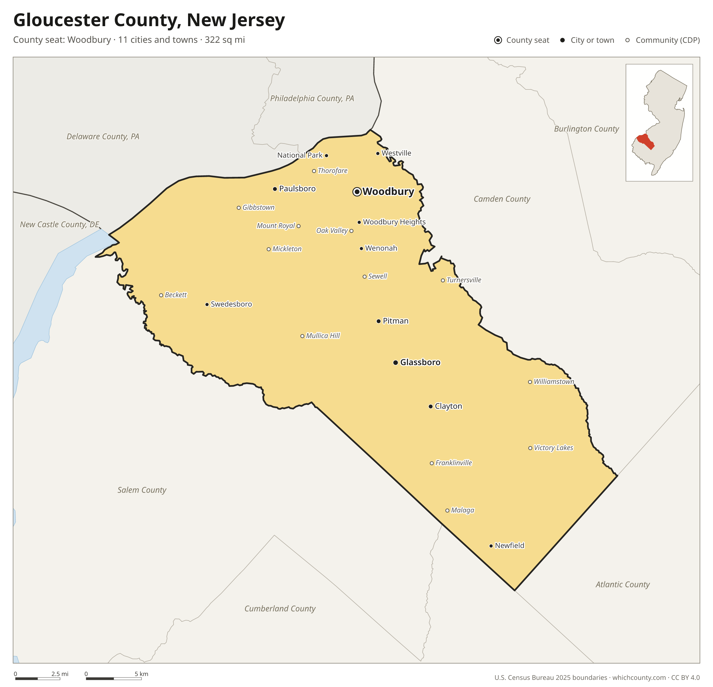 Map of Gloucester County, New Jersey with cities, towns and the county boundary