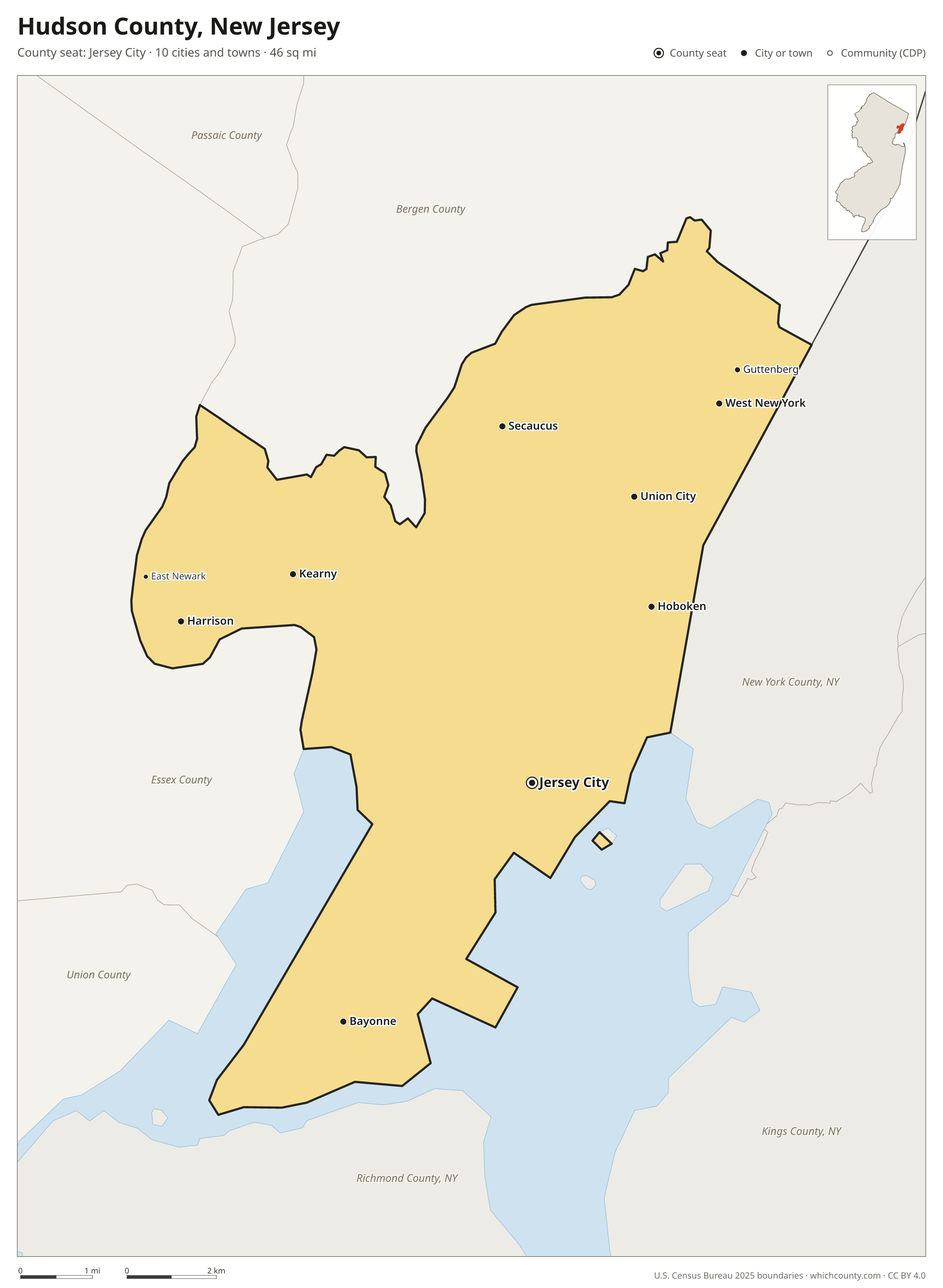 Map of Hudson County, New Jersey with cities, towns and the county boundary