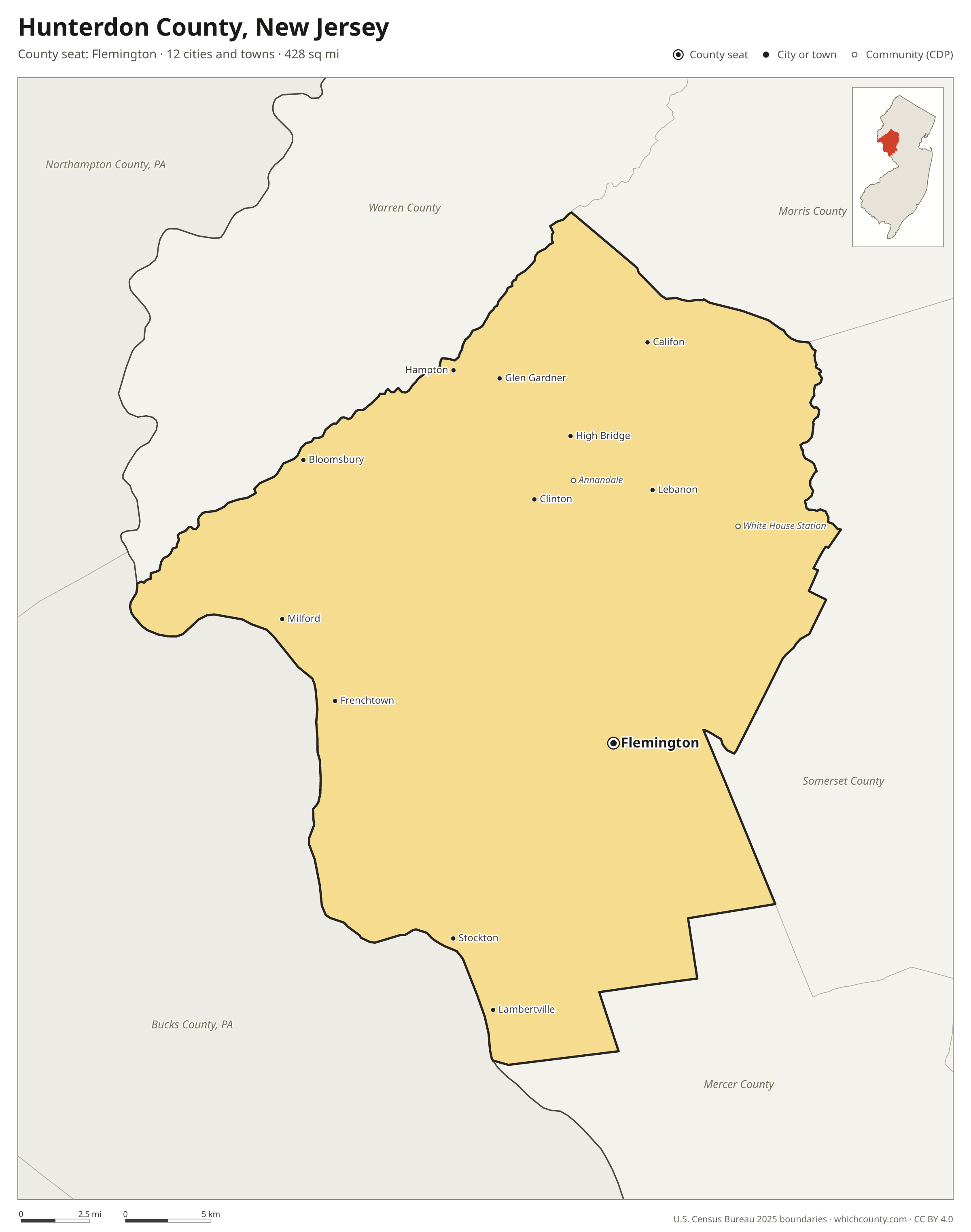 Map of Hunterdon County, New Jersey with cities, towns and the county boundary
