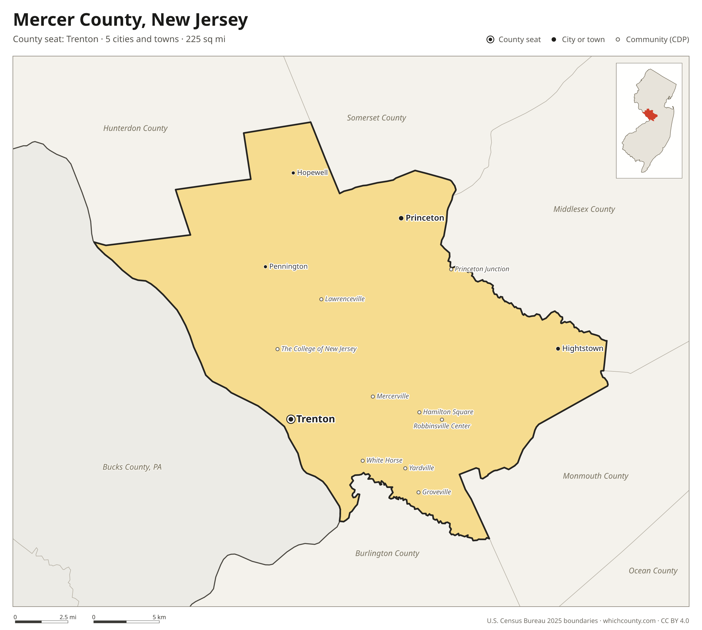 Map of Mercer County, New Jersey with cities, towns and the county boundary