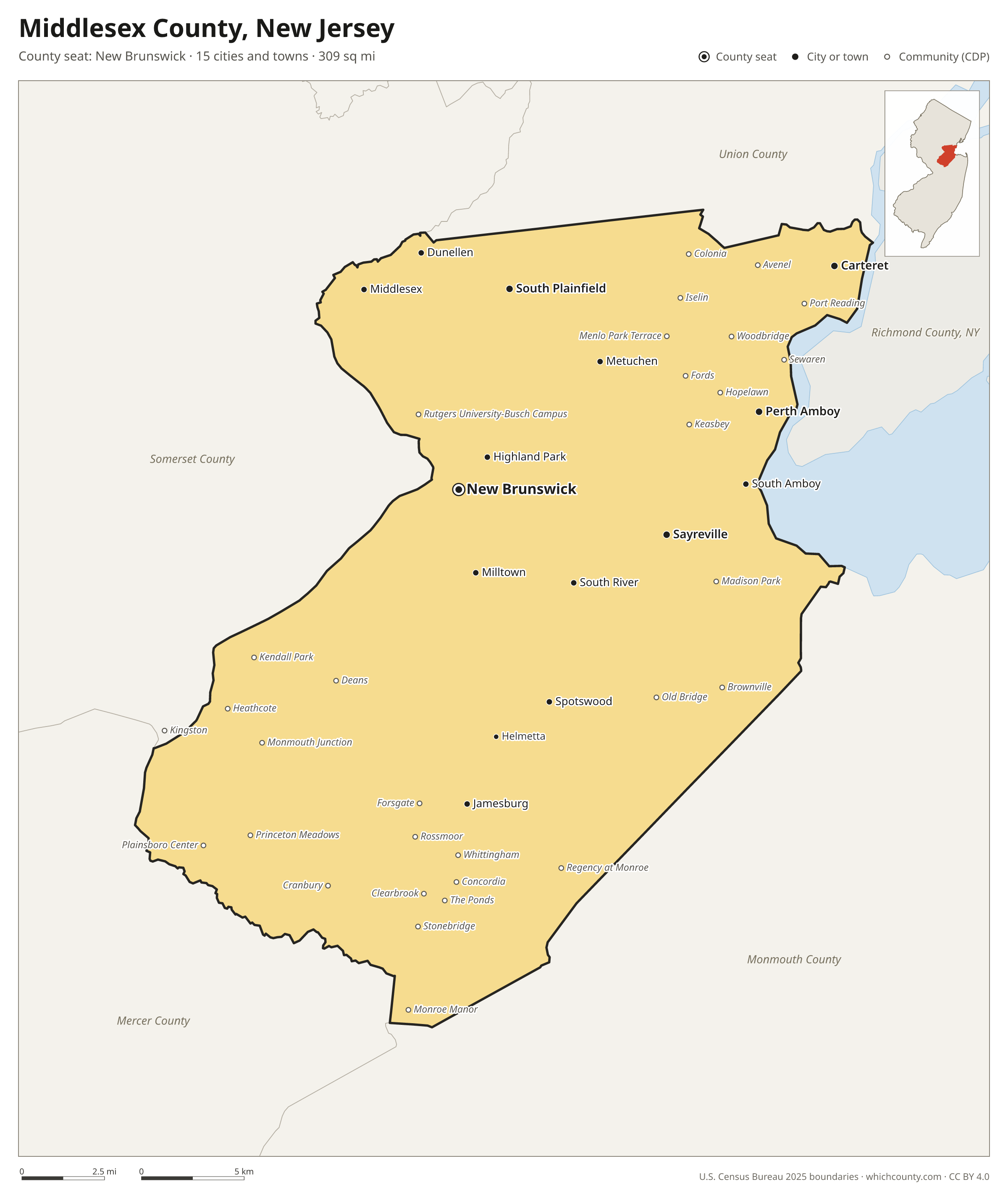 Map of Middlesex County, New Jersey with cities, towns and the county boundary