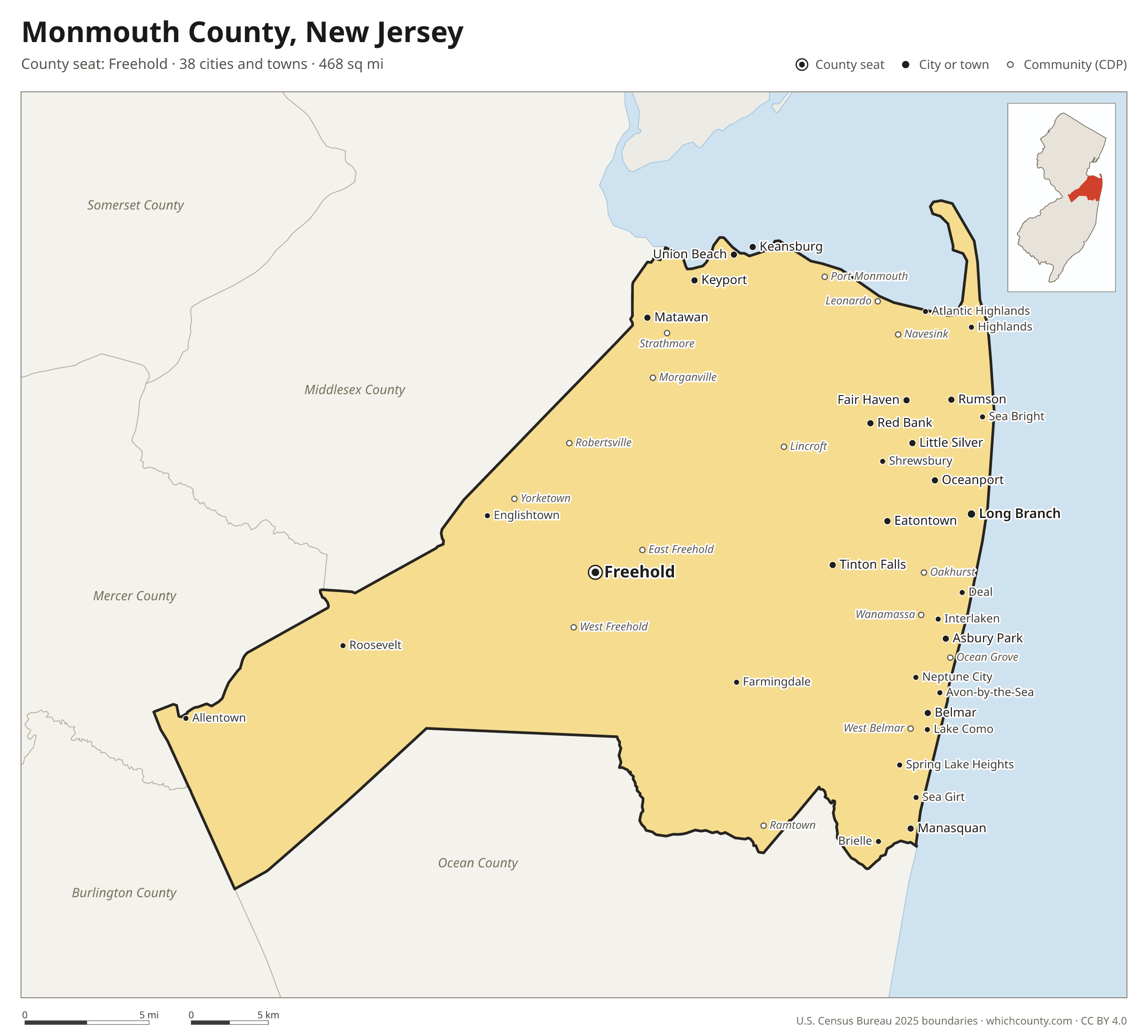 Map of Monmouth County, New Jersey with cities, towns and the county boundary