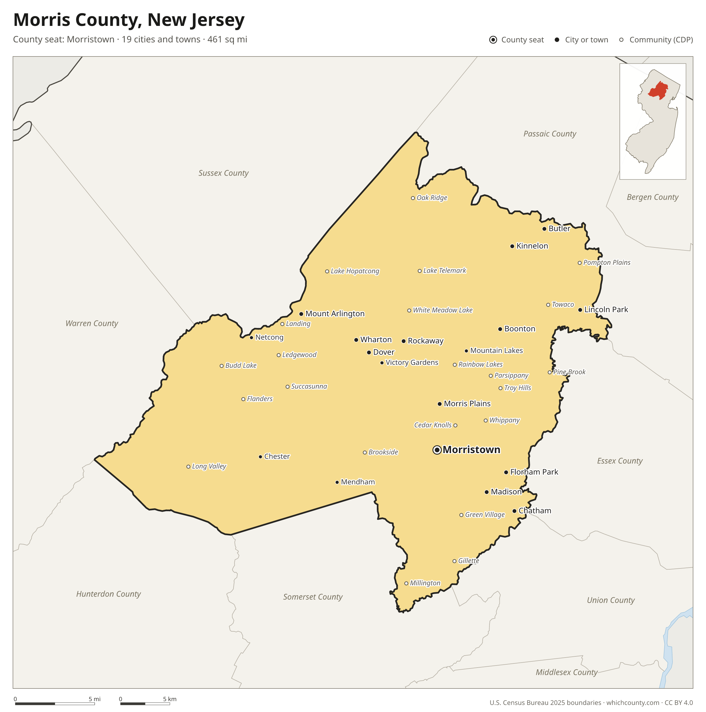 Map of Morris County, New Jersey with cities, towns and the county boundary