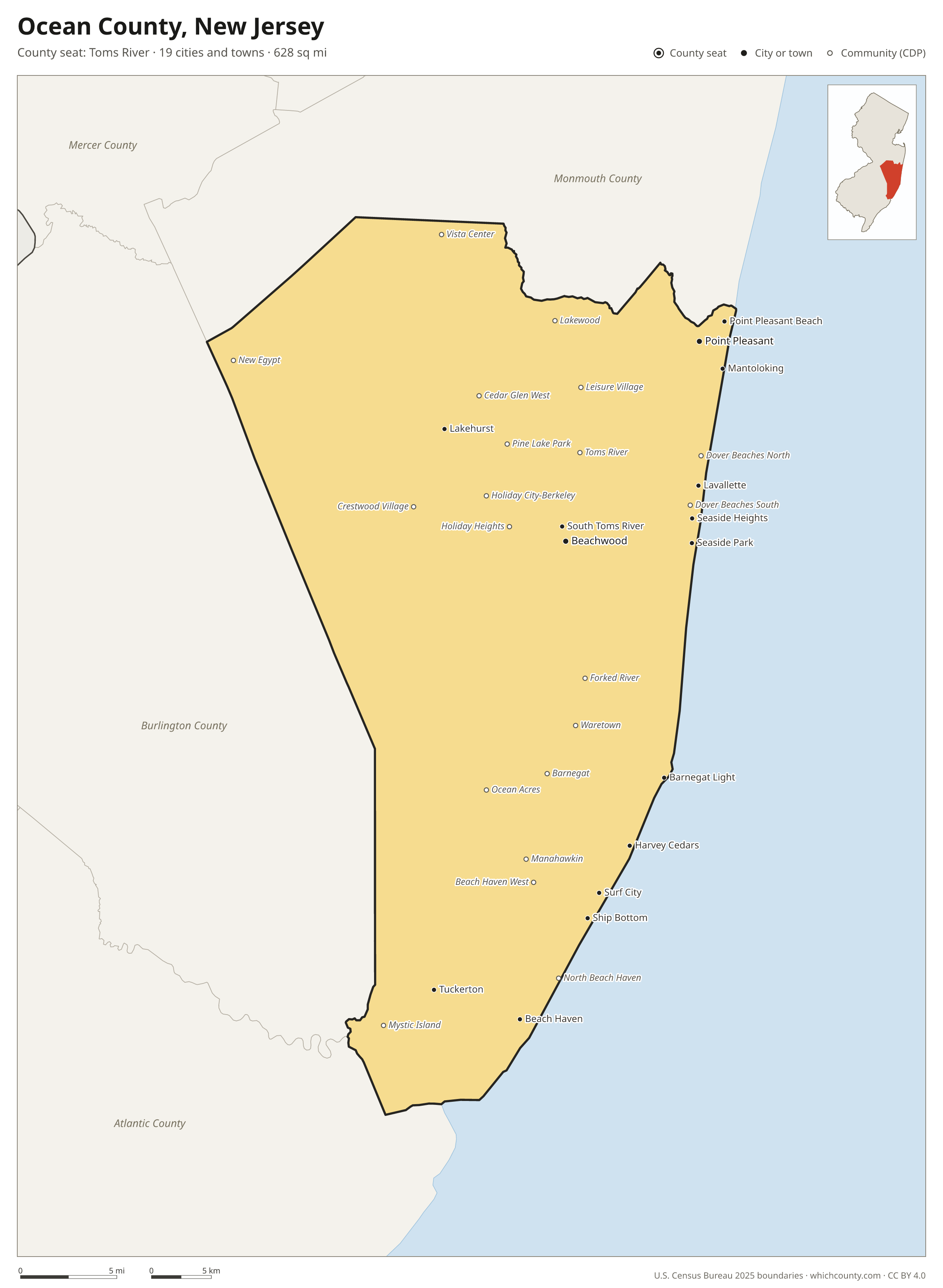 Map of Ocean County, New Jersey with cities, towns and the county boundary