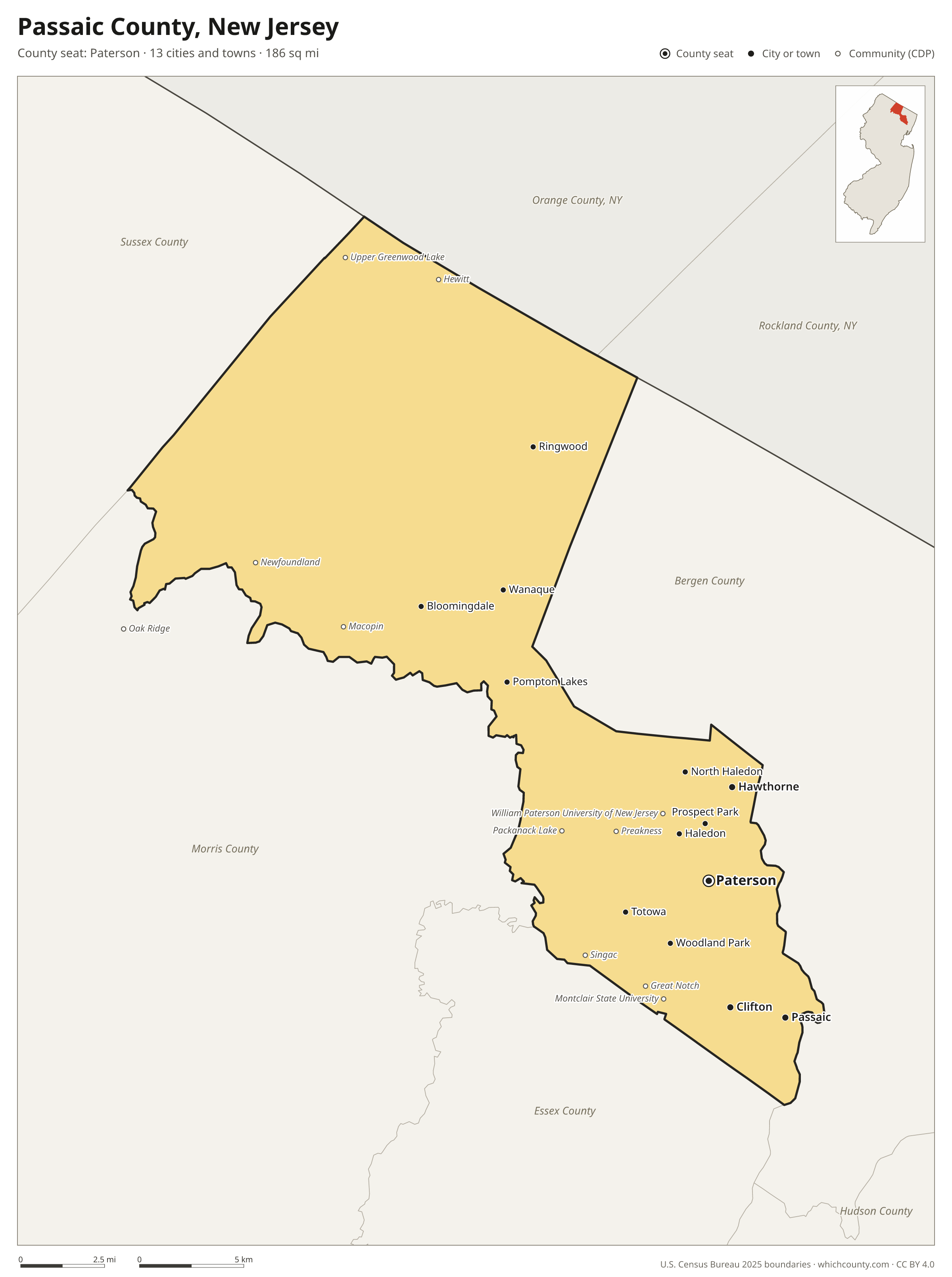Map of Passaic County, New Jersey with cities, towns and the county boundary