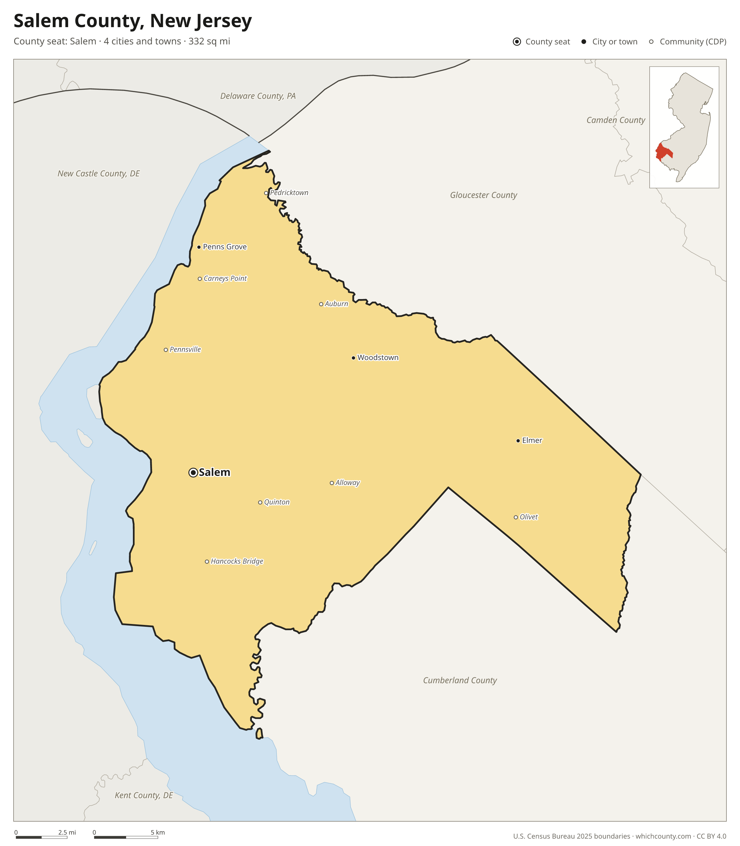 Map of Salem County, New Jersey with cities, towns and the county boundary