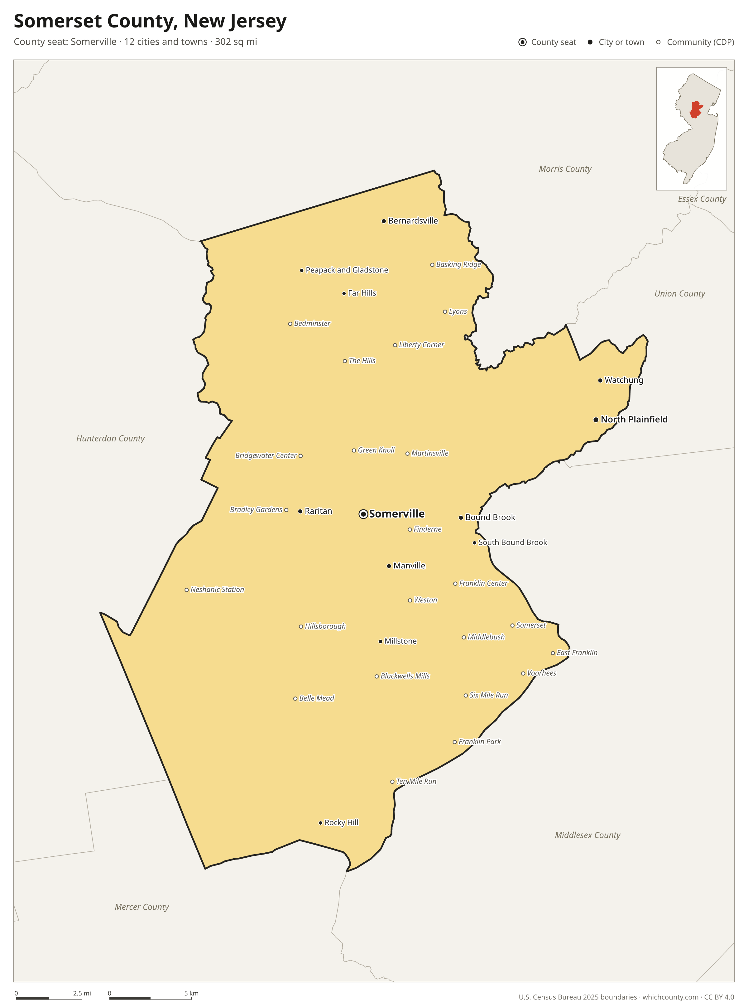 Map of Somerset County, New Jersey with cities, towns and the county boundary