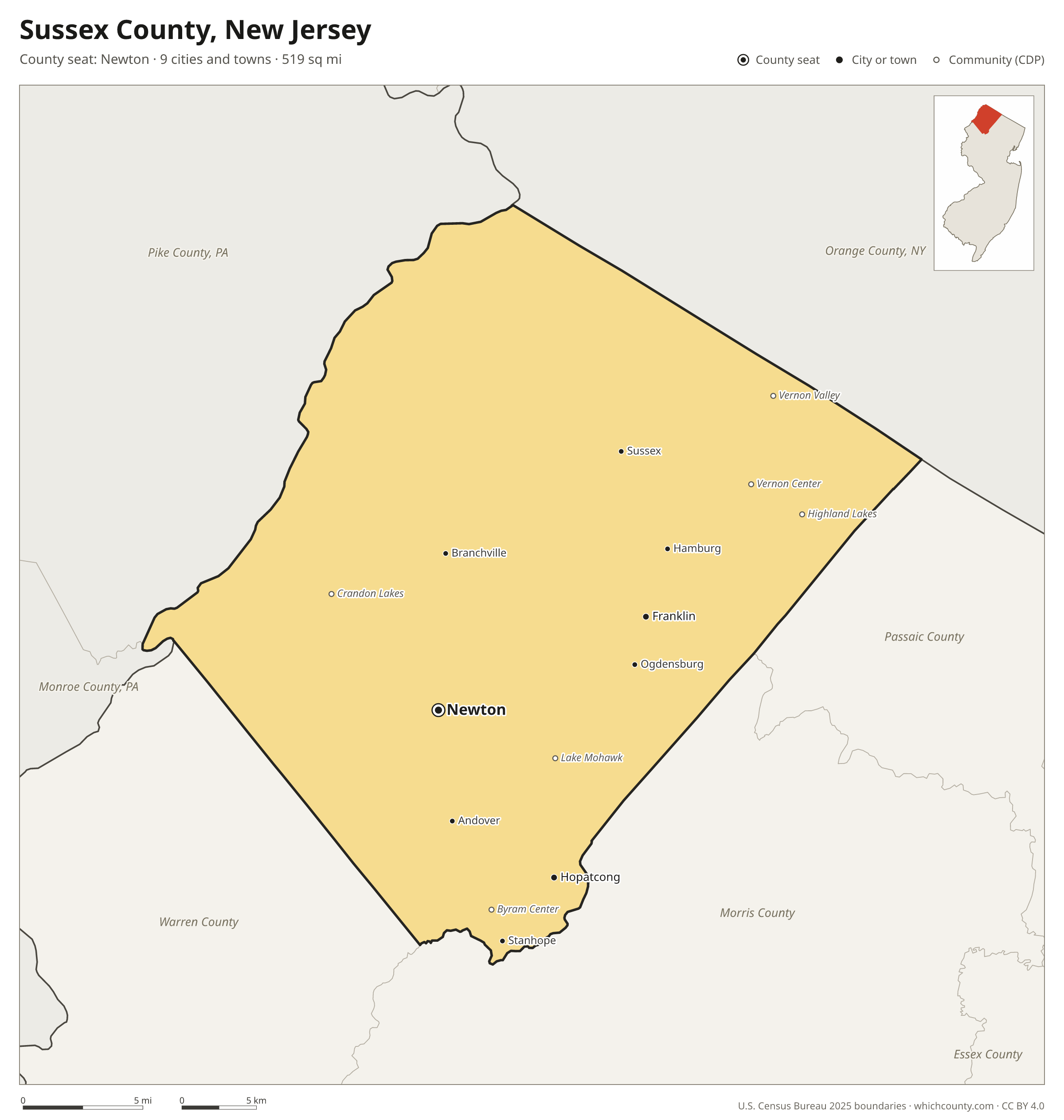 Map of Sussex County, New Jersey with cities, towns and the county boundary