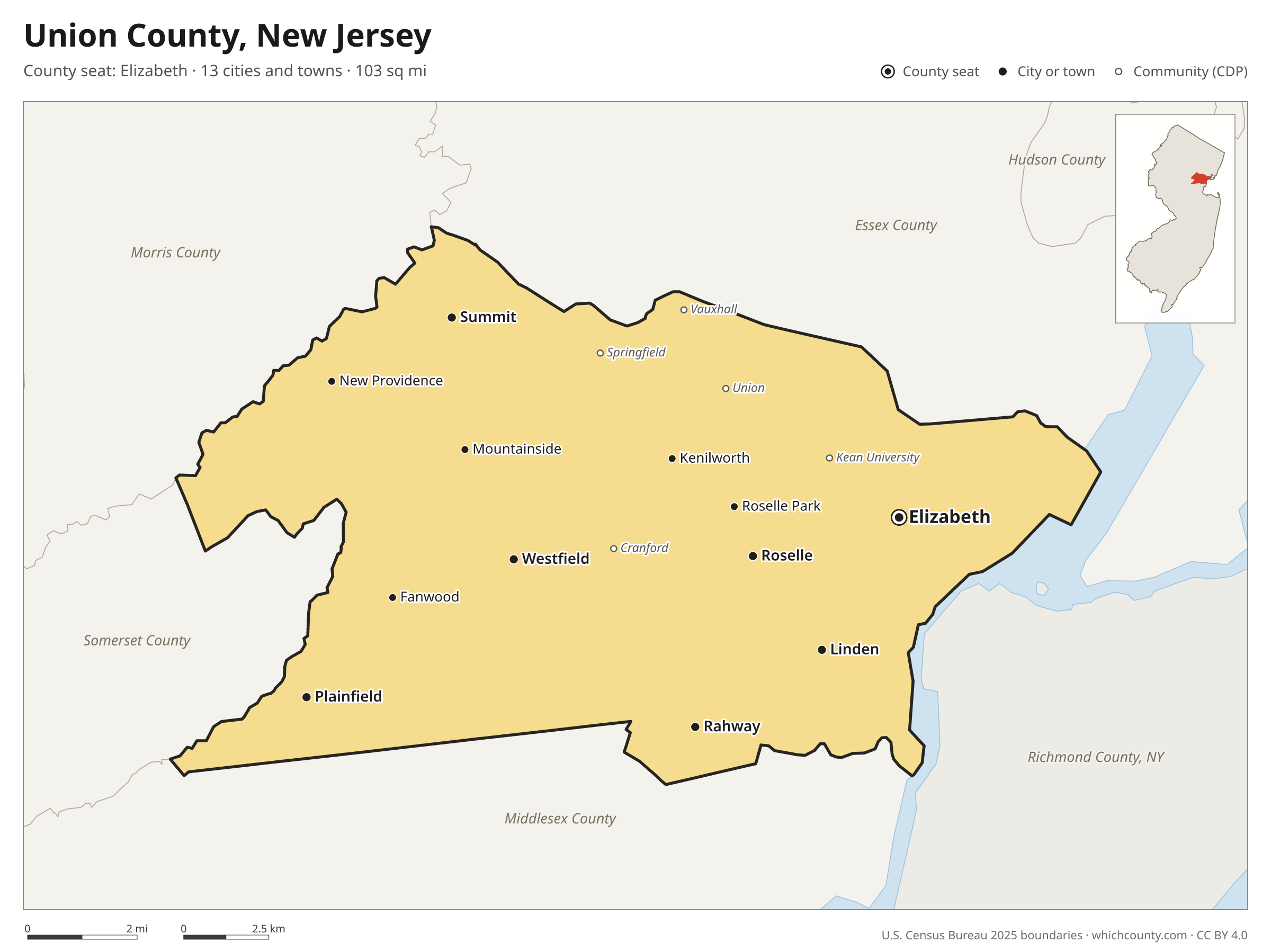 Map of Union County, New Jersey with cities, towns and the county boundary