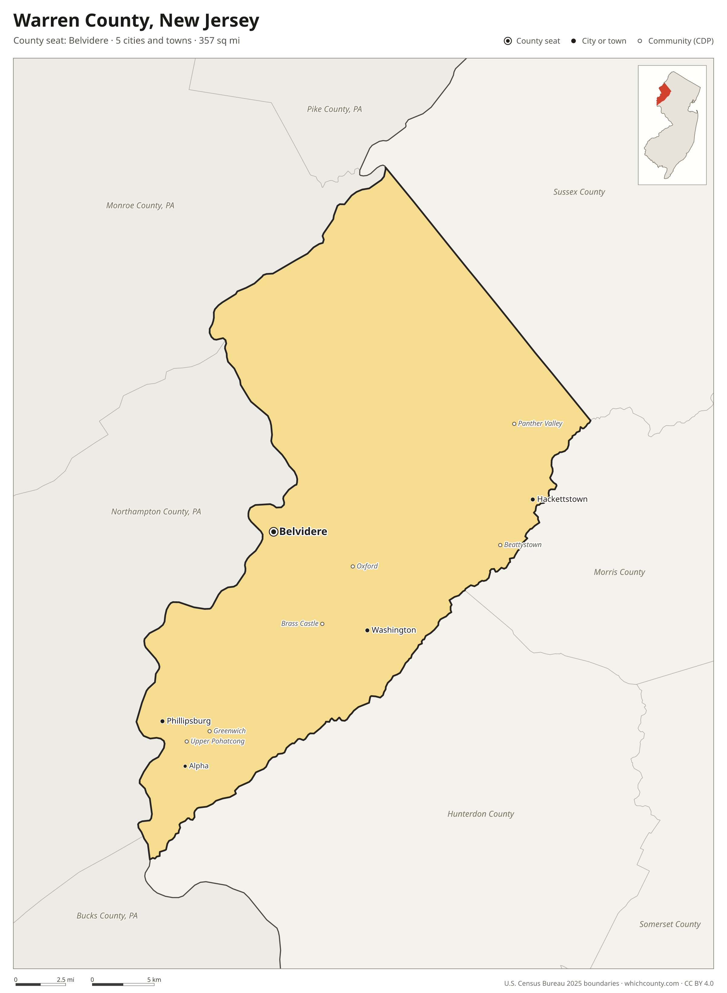 Map of Warren County, New Jersey with cities, towns and the county boundary