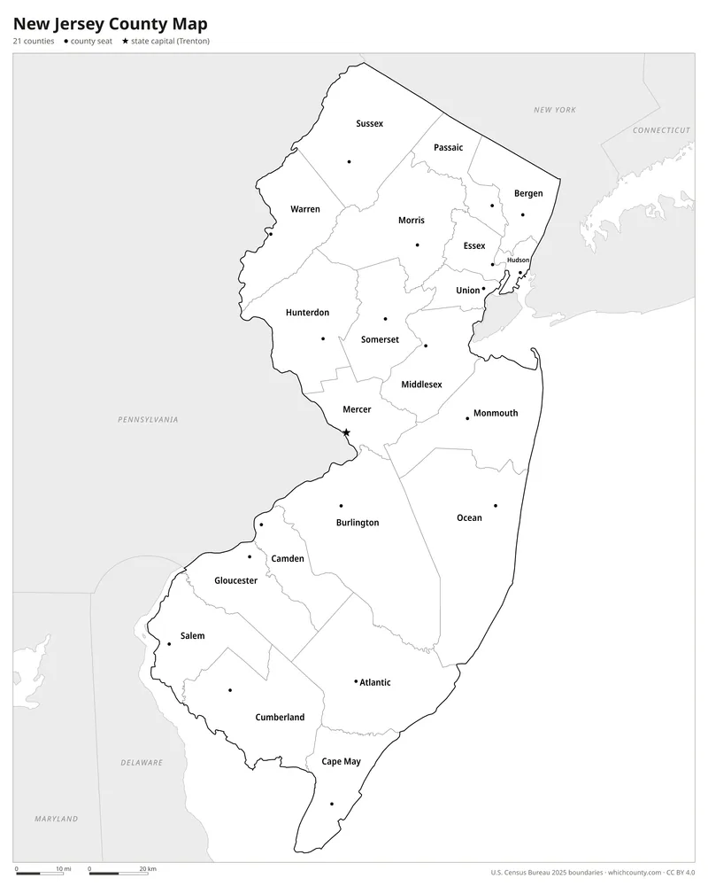 Black and white New Jersey county map