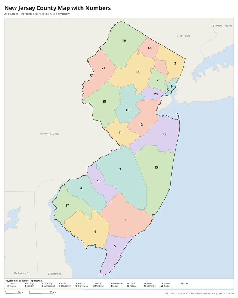 New Jersey county map with numbers