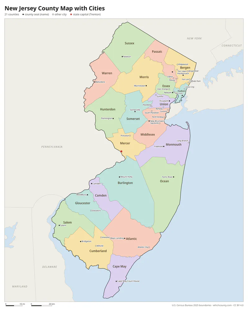 New Jersey county map with cities and county seats