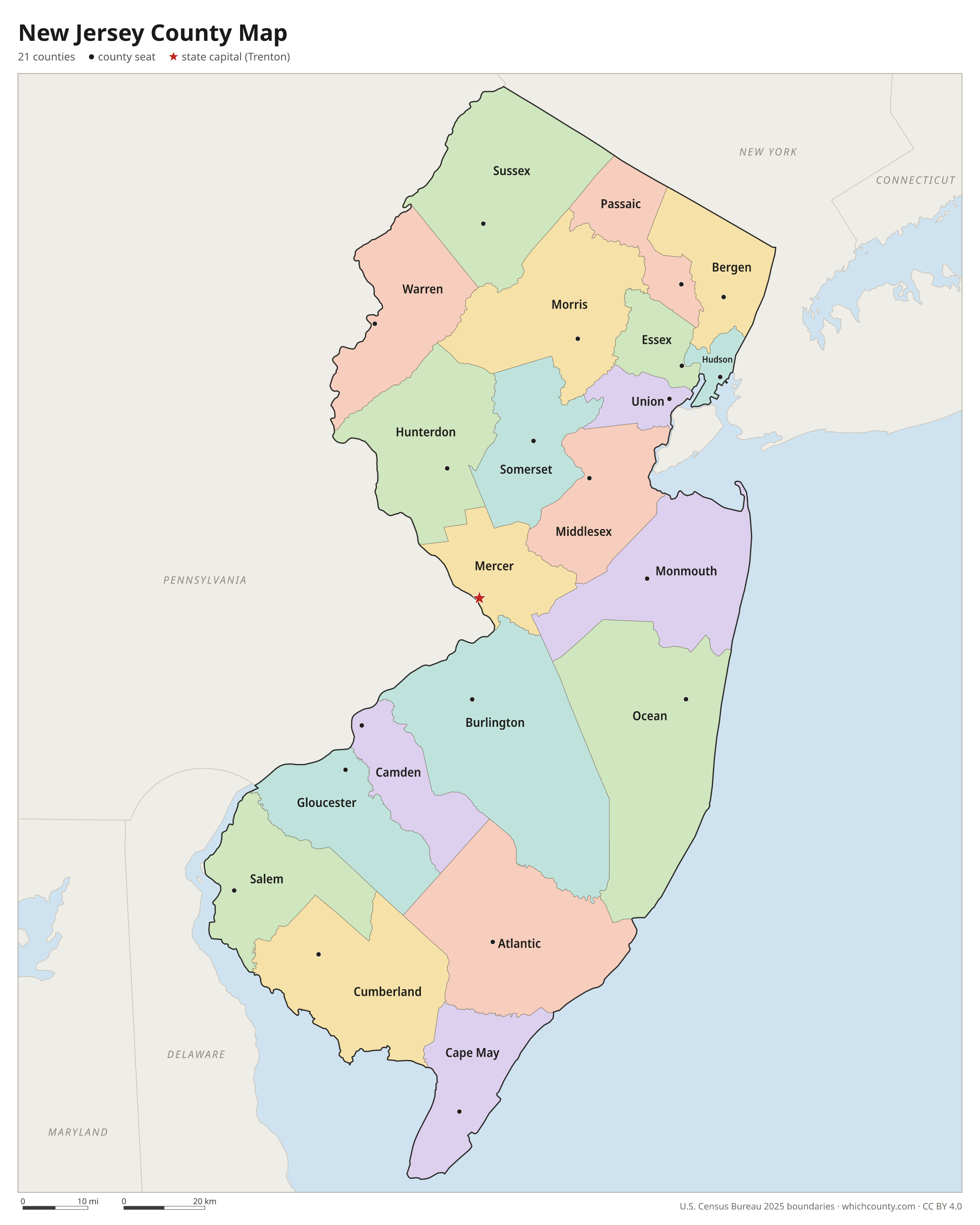 New Jersey county map showing all 21 counties with county names and county seats