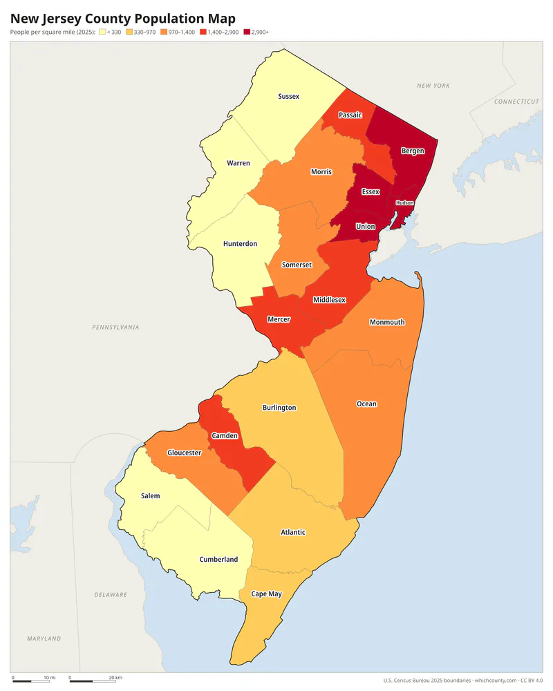 Map of New Jersey counties shaded by population density