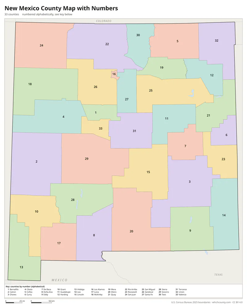 New Mexico county map with numbers