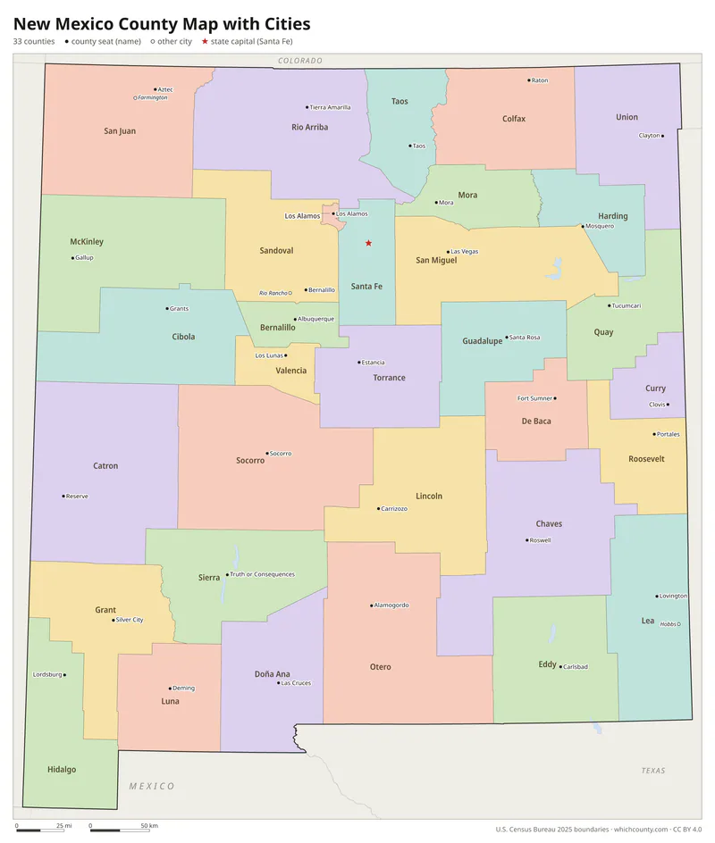 New Mexico county map with cities and county seats