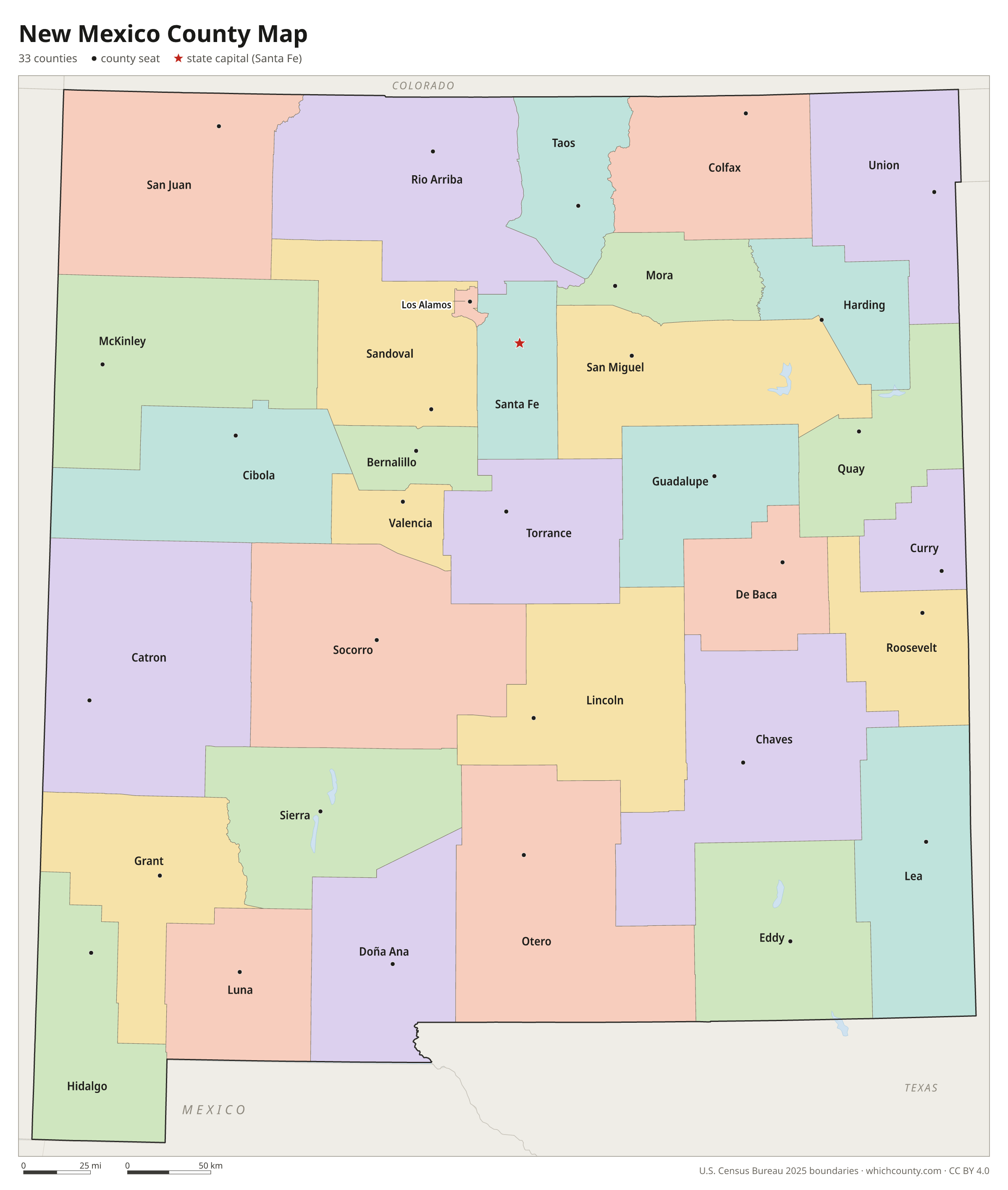 New Mexico county map showing all 33 counties with county names and county seats
