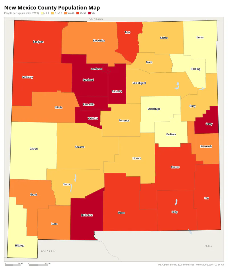 Map of New Mexico counties shaded by population density