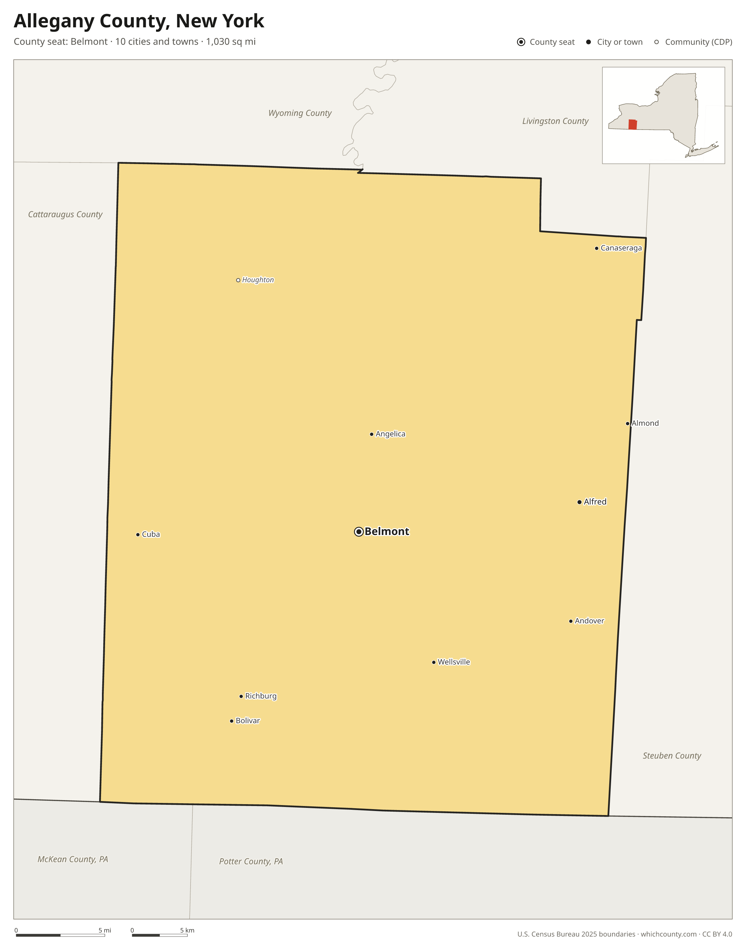 Map of Allegany County, New York with cities, towns and the county boundary