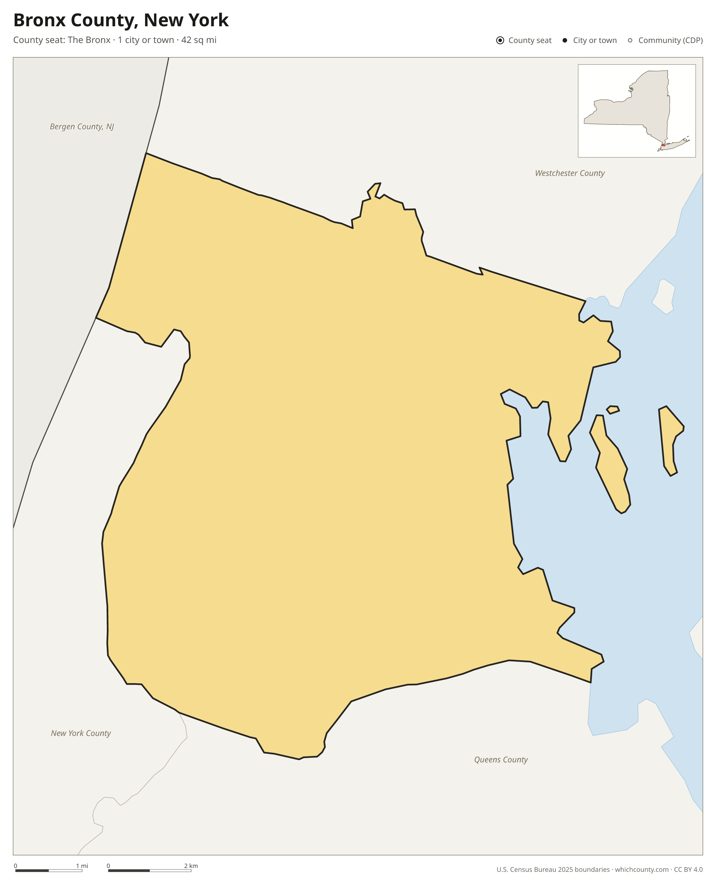 Map of Bronx County, New York with cities, towns and the county boundary