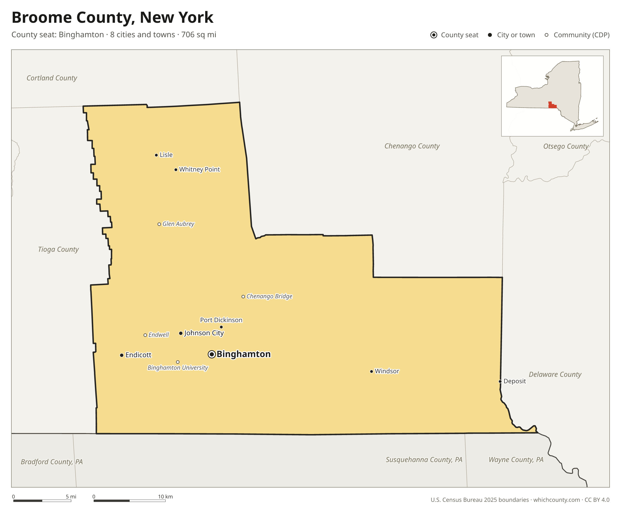 Map of Broome County, New York with cities, towns and the county boundary