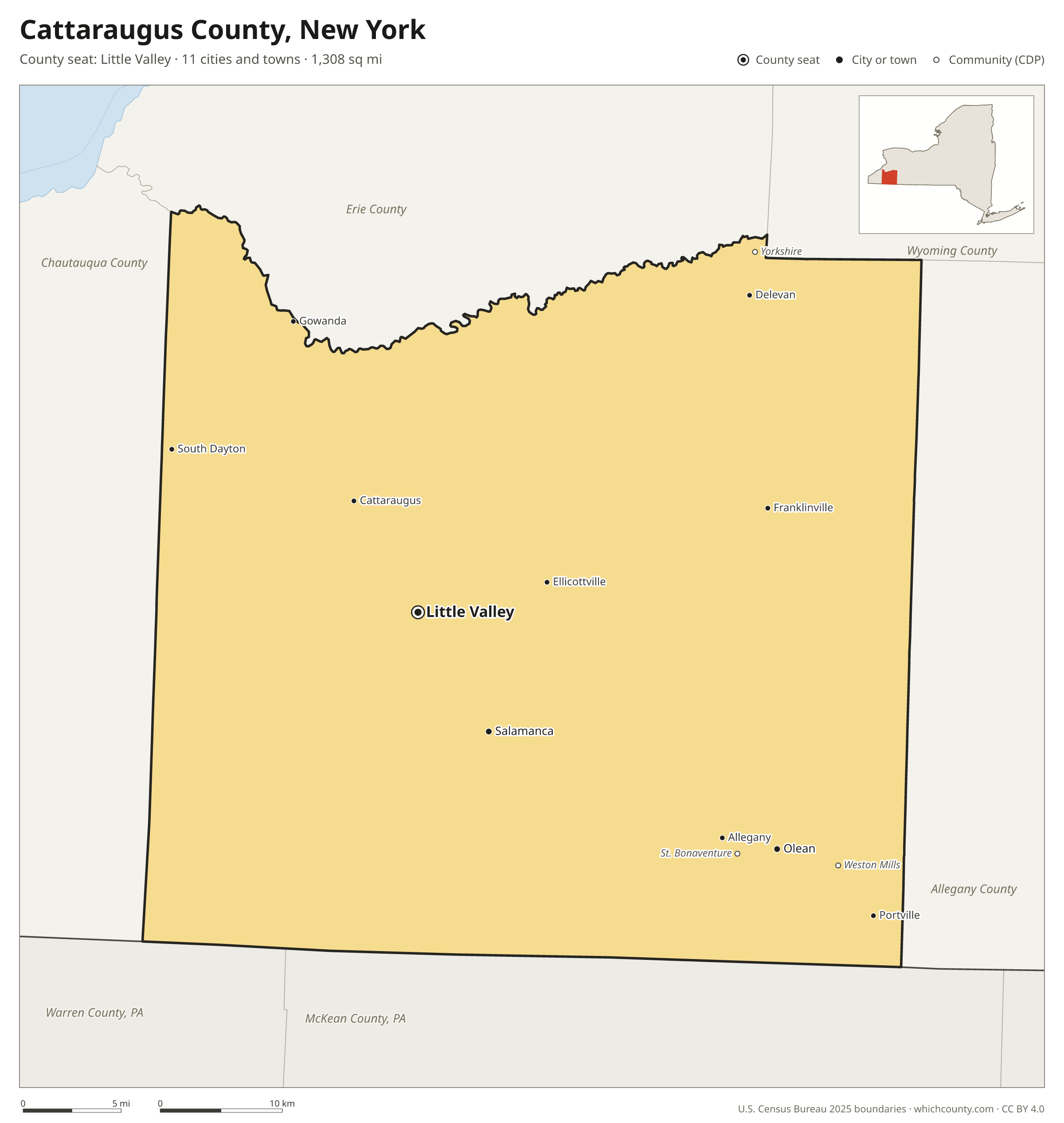Map of Cattaraugus County, New York with cities, towns and the county boundary