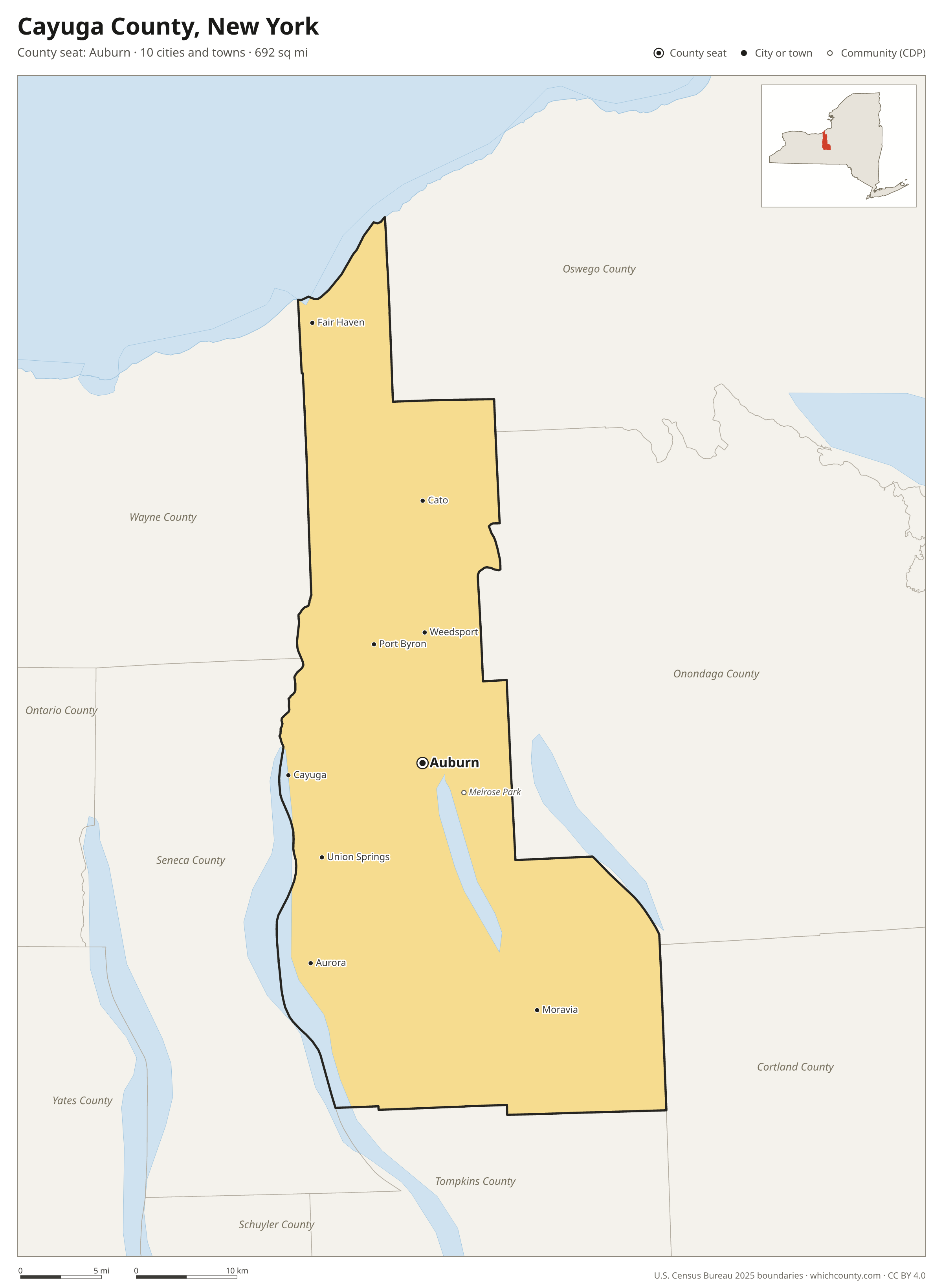 Map of Cayuga County, New York with cities, towns and the county boundary