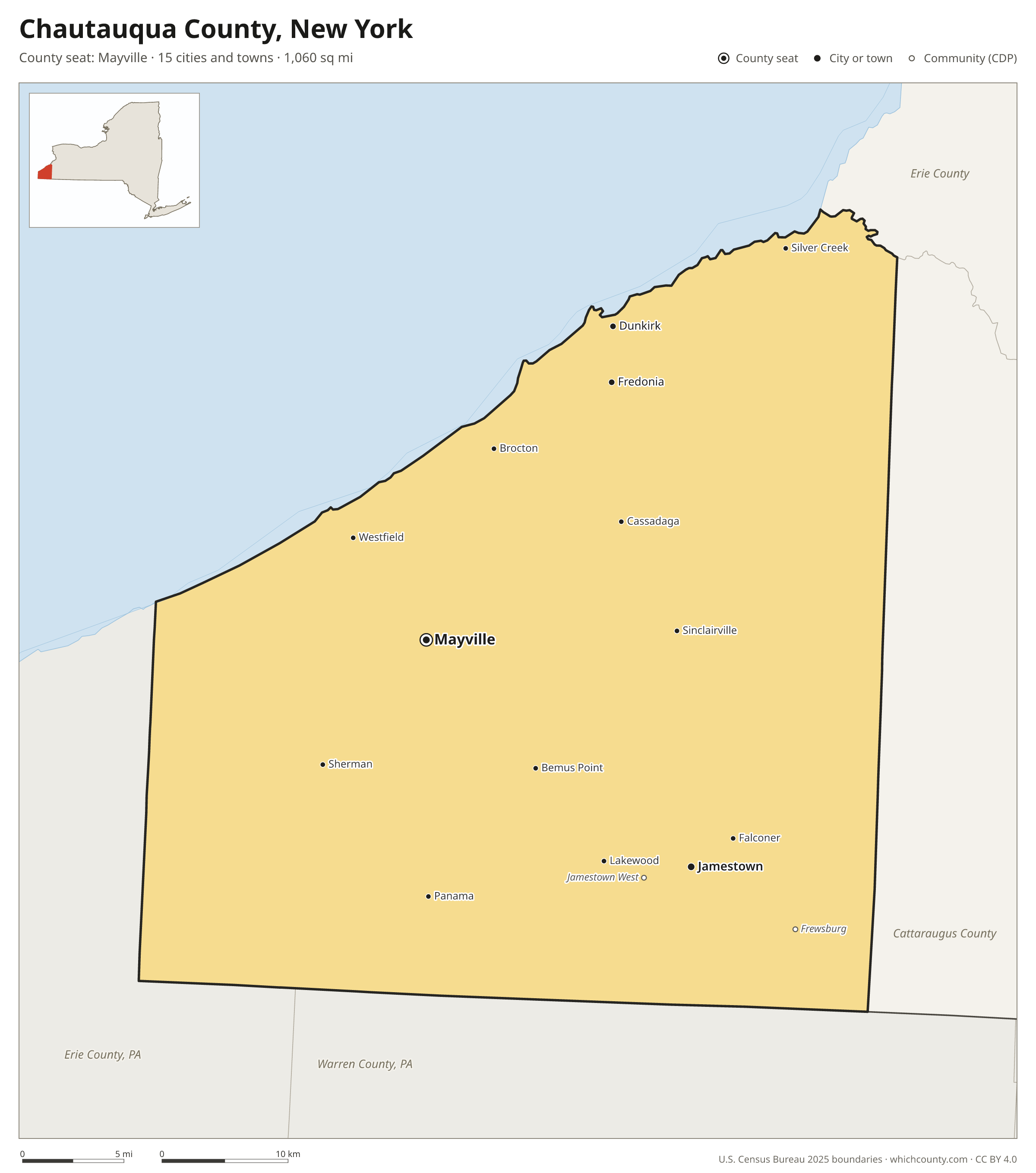 Map of Chautauqua County, New York with cities, towns and the county boundary