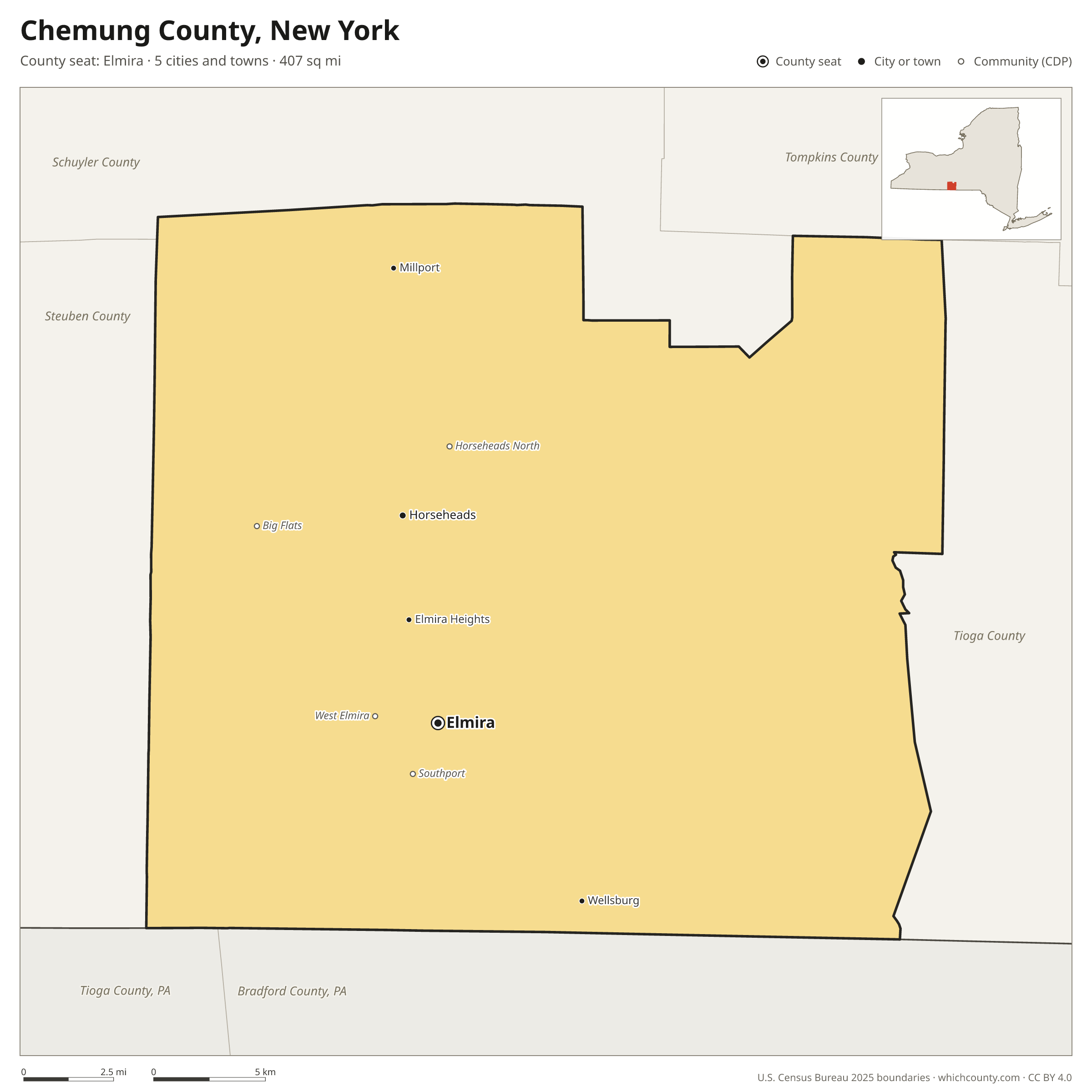 Map of Chemung County, New York with cities, towns and the county boundary