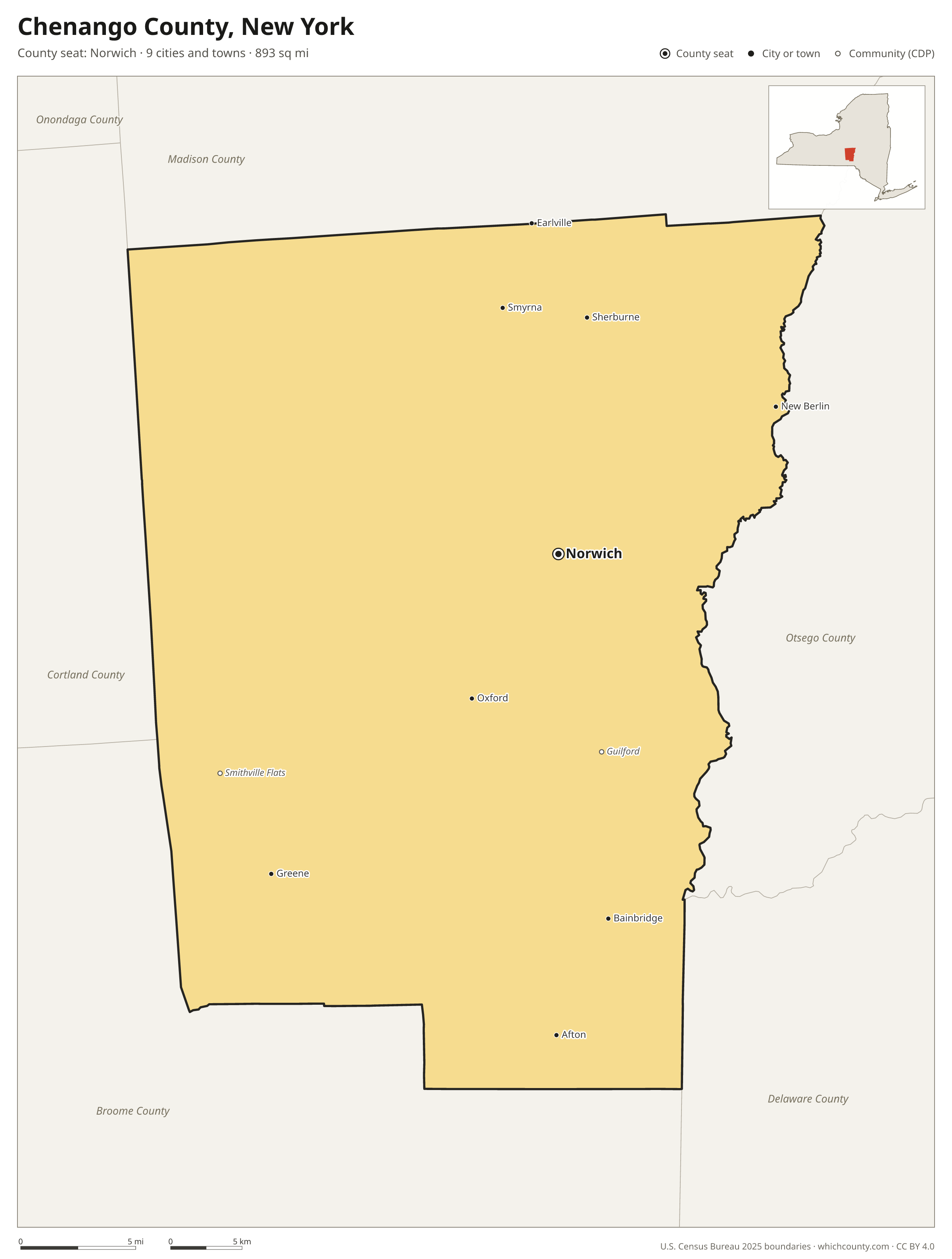 Map of Chenango County, New York with cities, towns and the county boundary