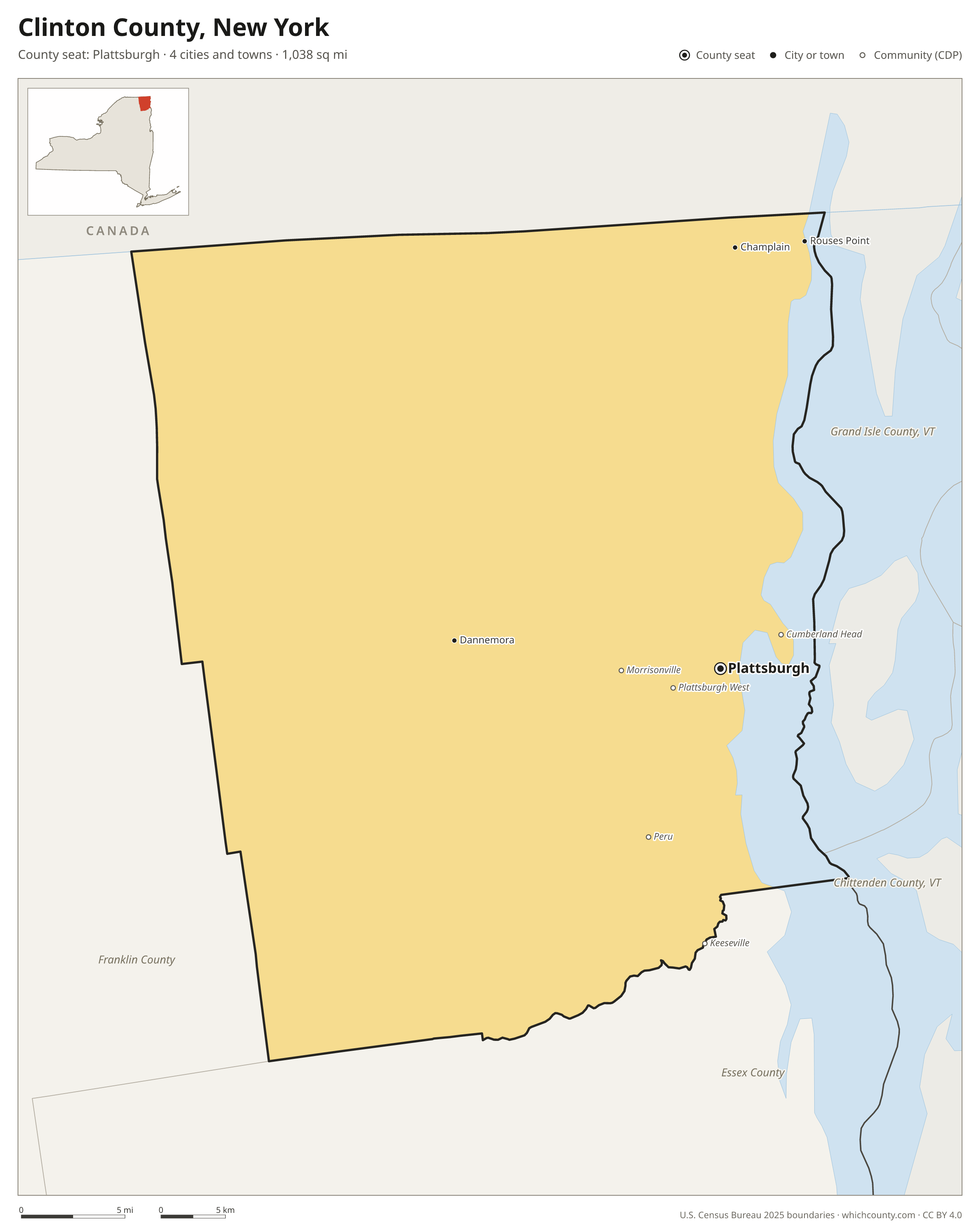 Map of Clinton County, New York with cities, towns and the county boundary