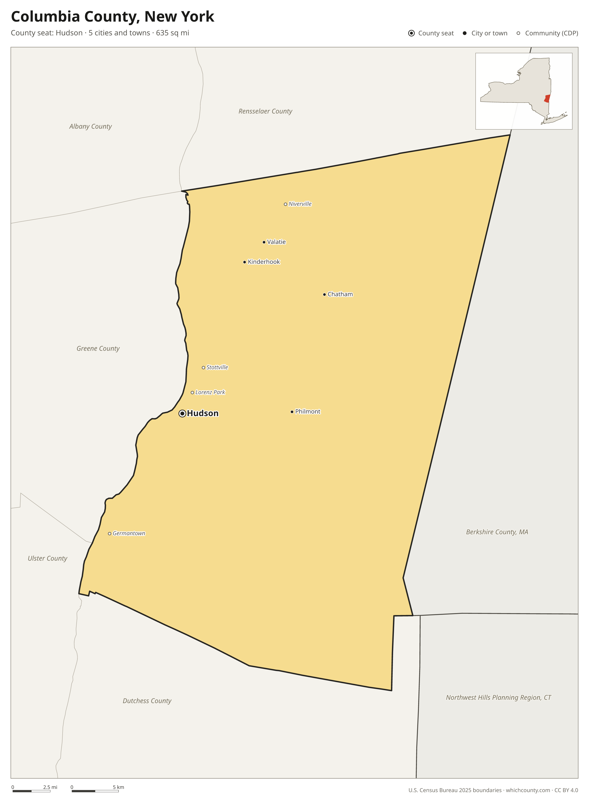 Map of Columbia County, New York with cities, towns and the county boundary