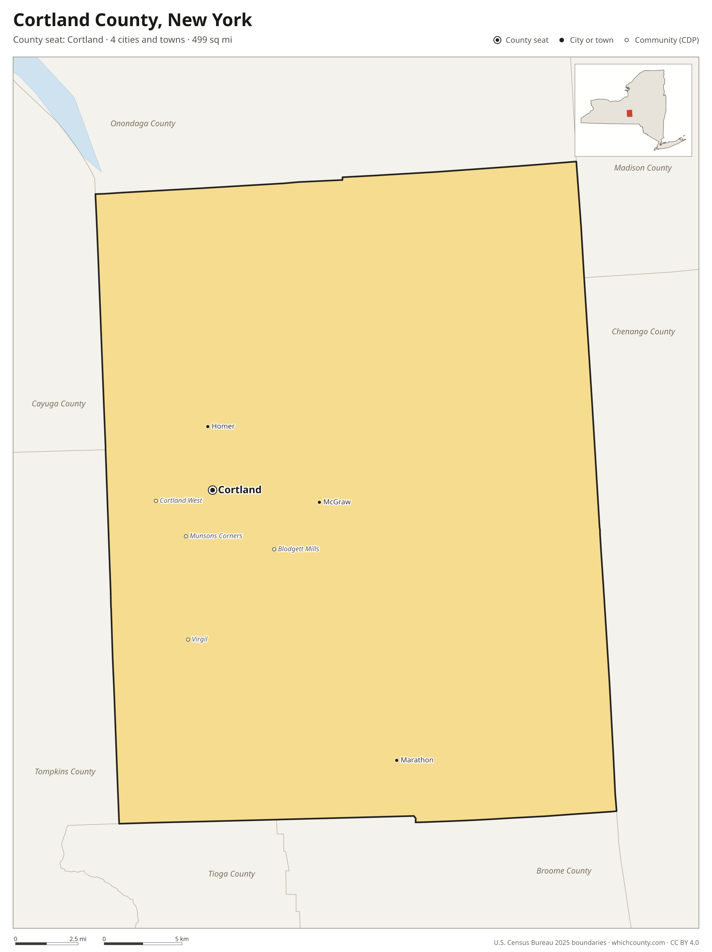 Map of Cortland County, New York with cities, towns and the county boundary