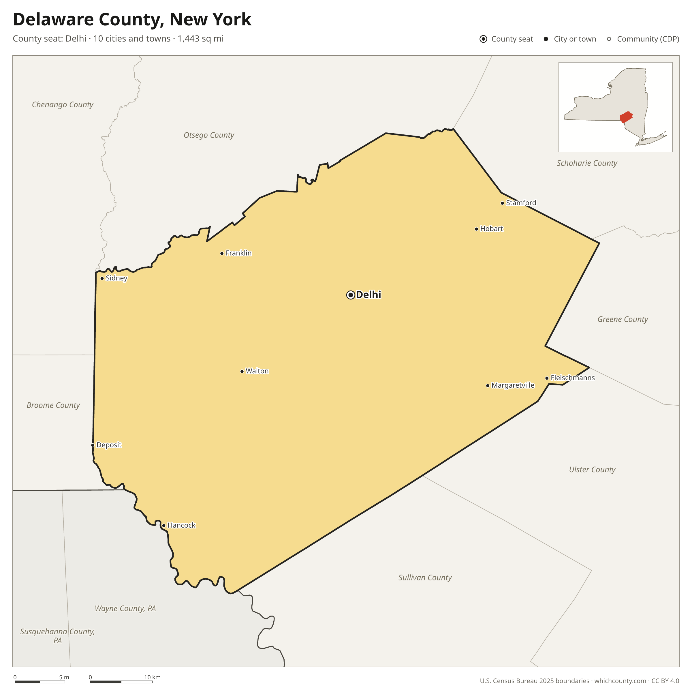 Map of Delaware County, New York with cities, towns and the county boundary