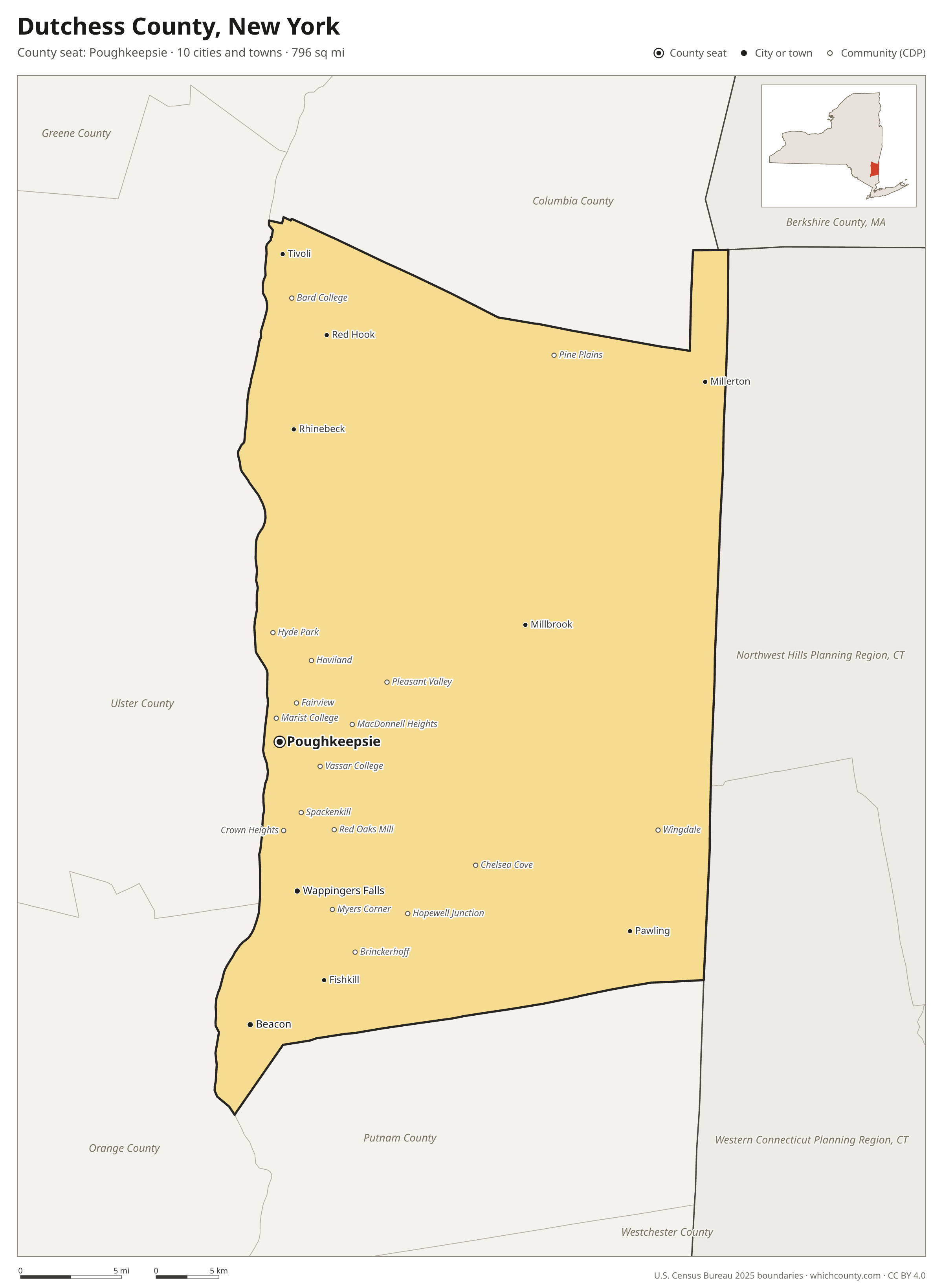 Map of Dutchess County, New York with cities, towns and the county boundary