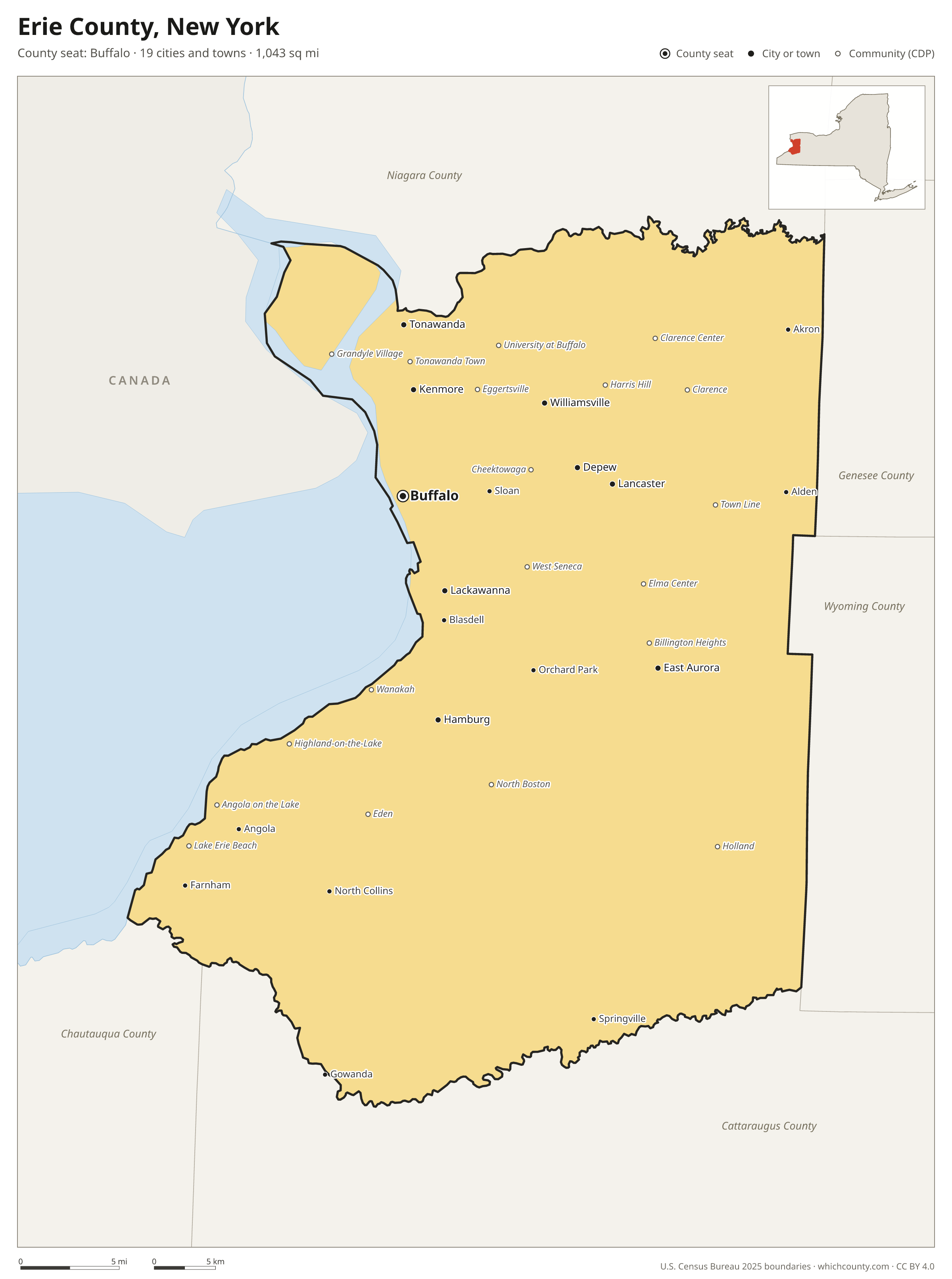 Map of Erie County, New York with cities, towns and the county boundary
