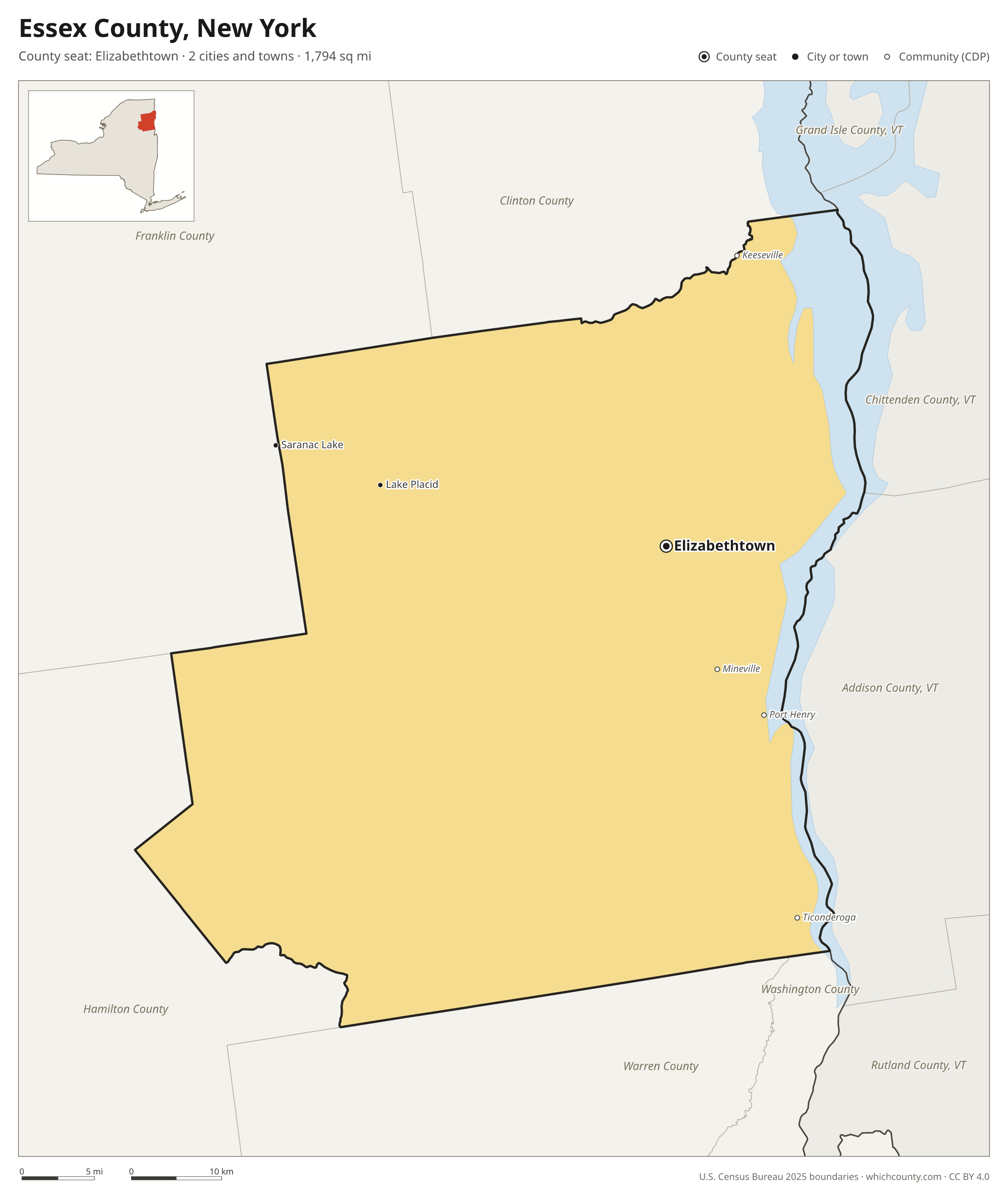 Map of Essex County, New York with cities, towns and the county boundary