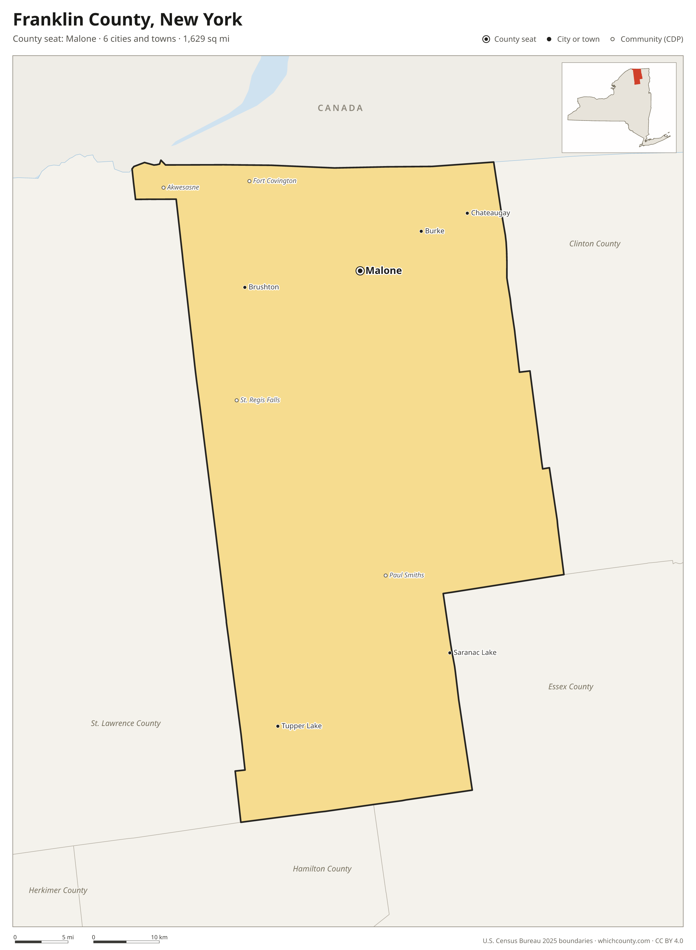 Map of Franklin County, New York with cities, towns and the county boundary