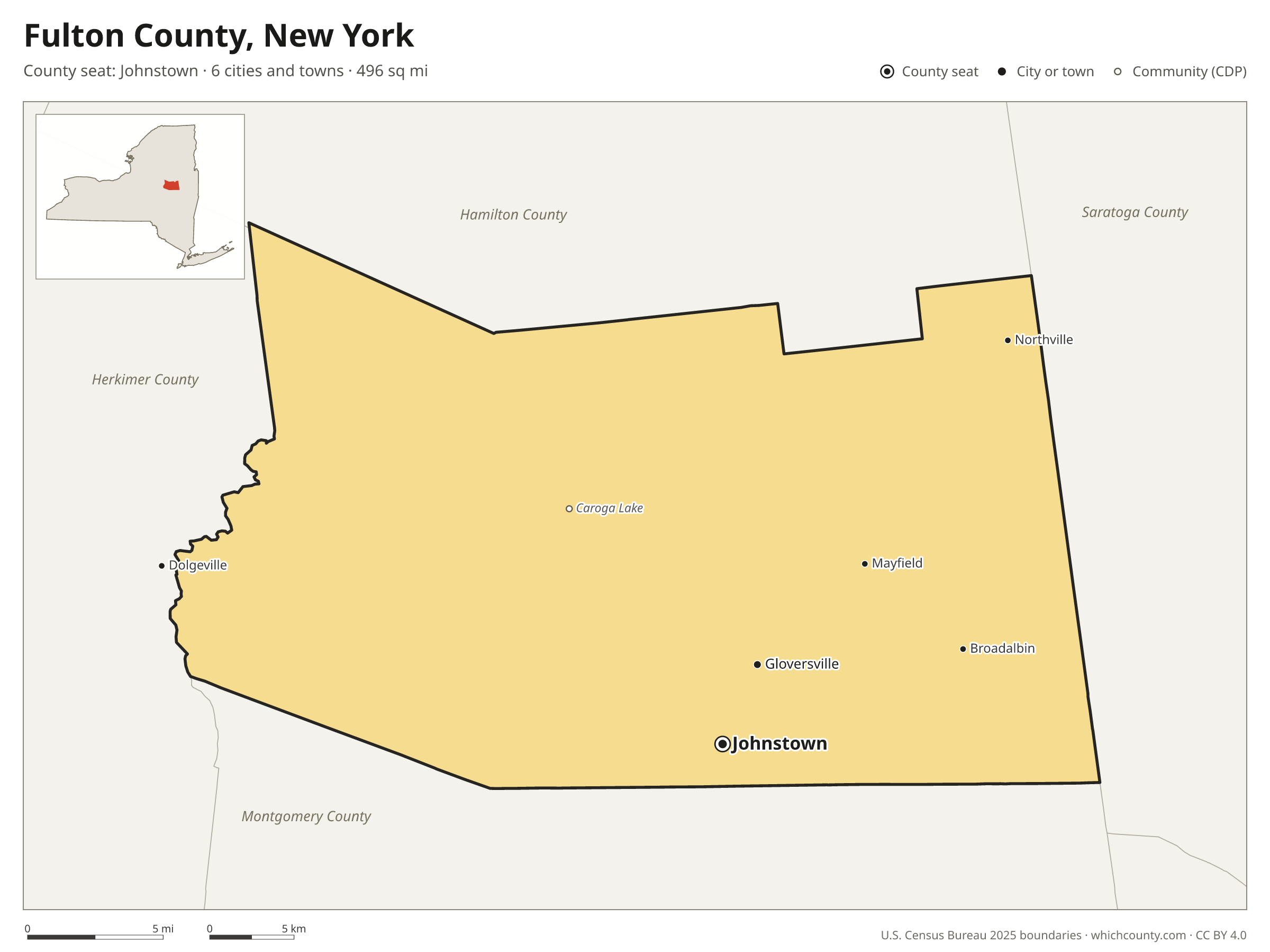 Map of Fulton County, New York with cities, towns and the county boundary