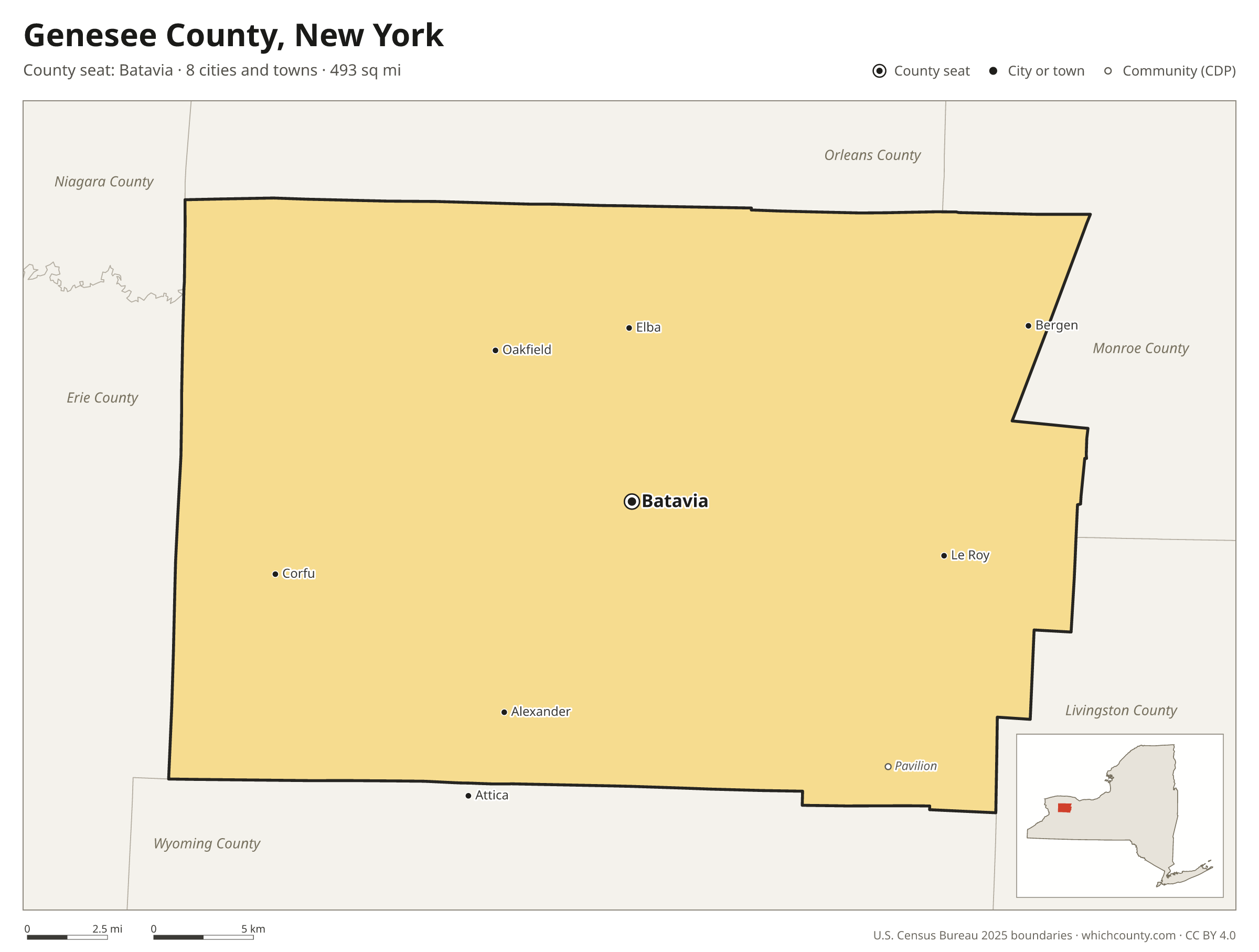 Map of Genesee County, New York with cities, towns and the county boundary