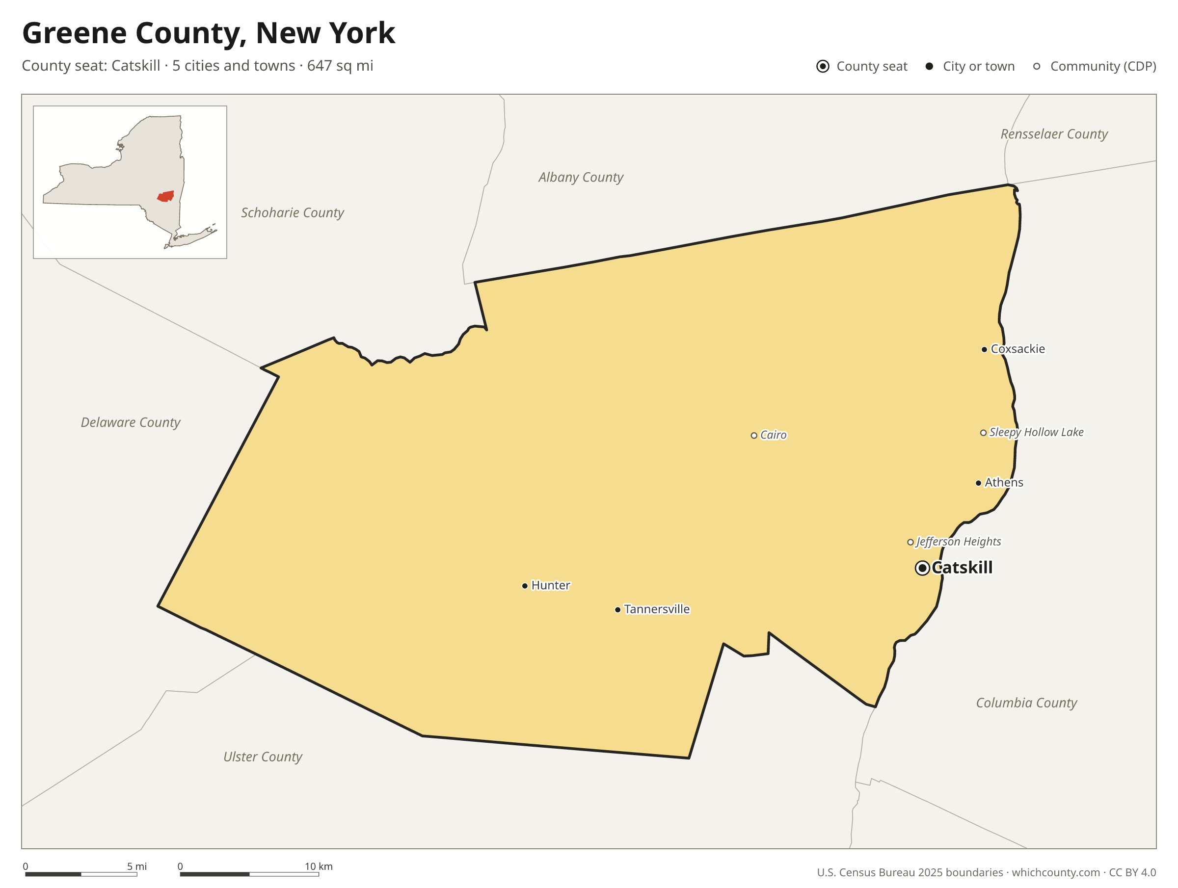 Map of Greene County, New York with cities, towns and the county boundary