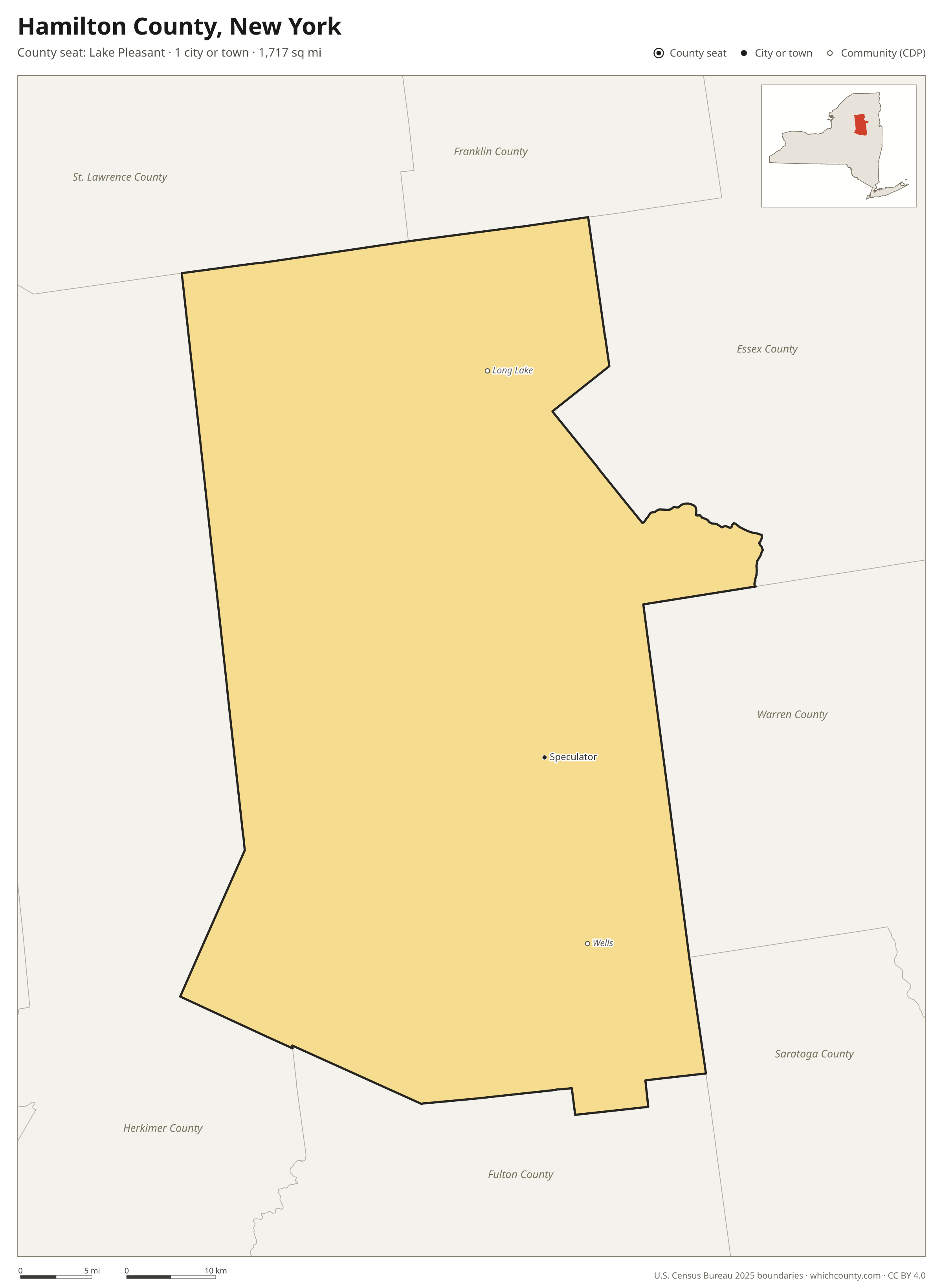 Map of Hamilton County, New York with cities, towns and the county boundary