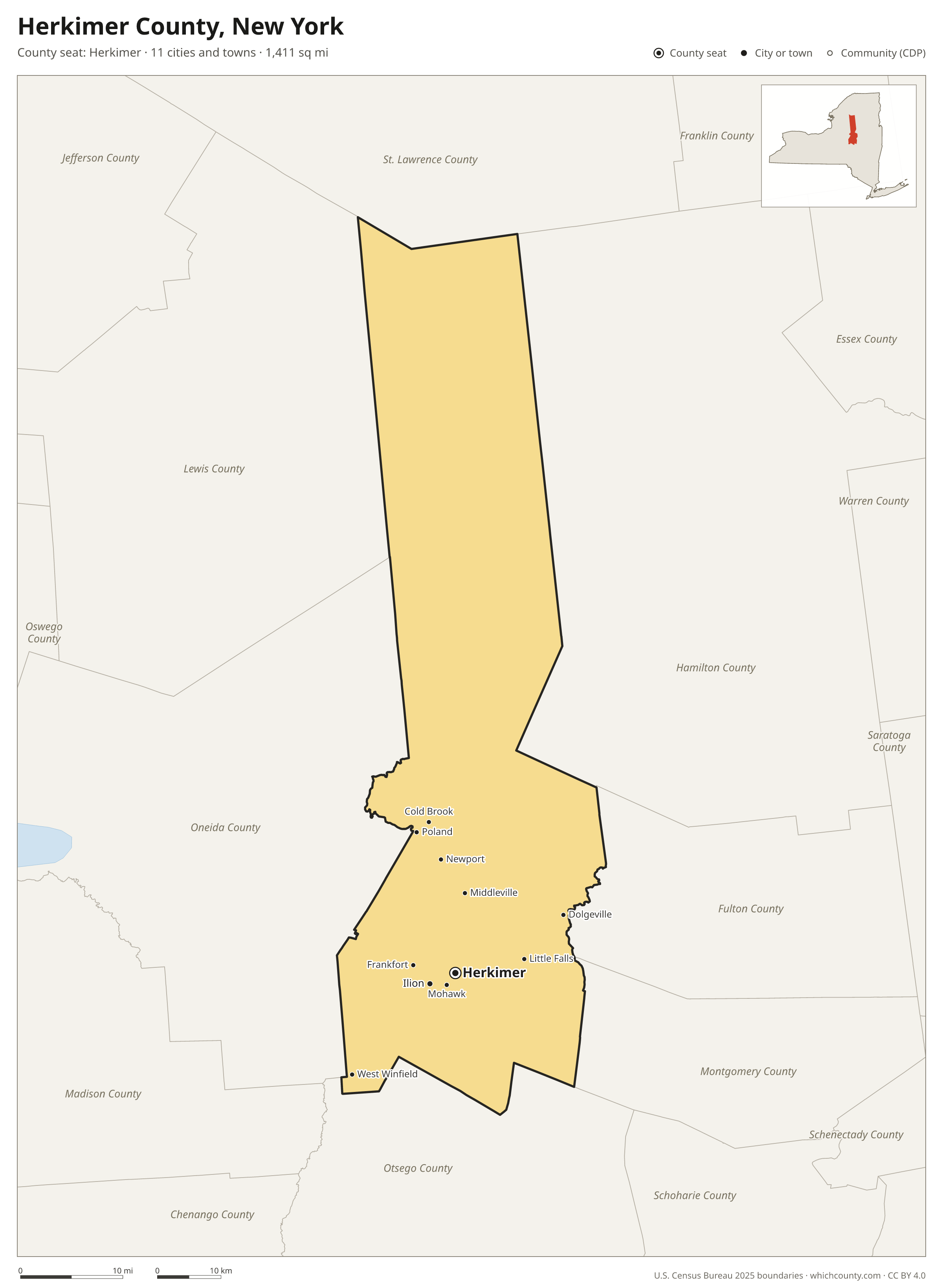 Map of Herkimer County, New York with cities, towns and the county boundary